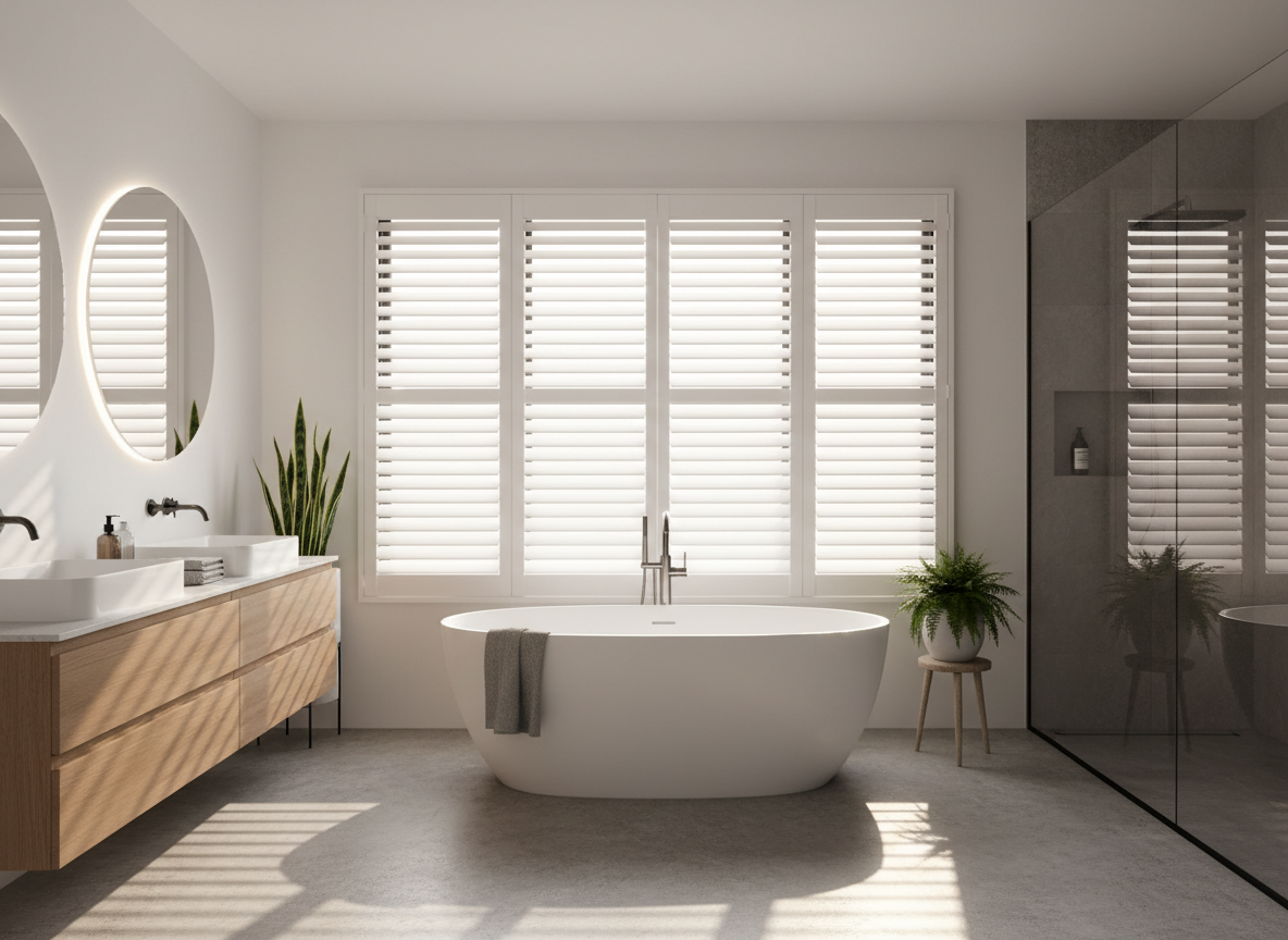 Modern bathroom with a freestanding bathtub in front of large window with white shutters, a wooden vanity with two sinks and oval mirrors, and a walk-in shower with glass doors, decorated with plants.
