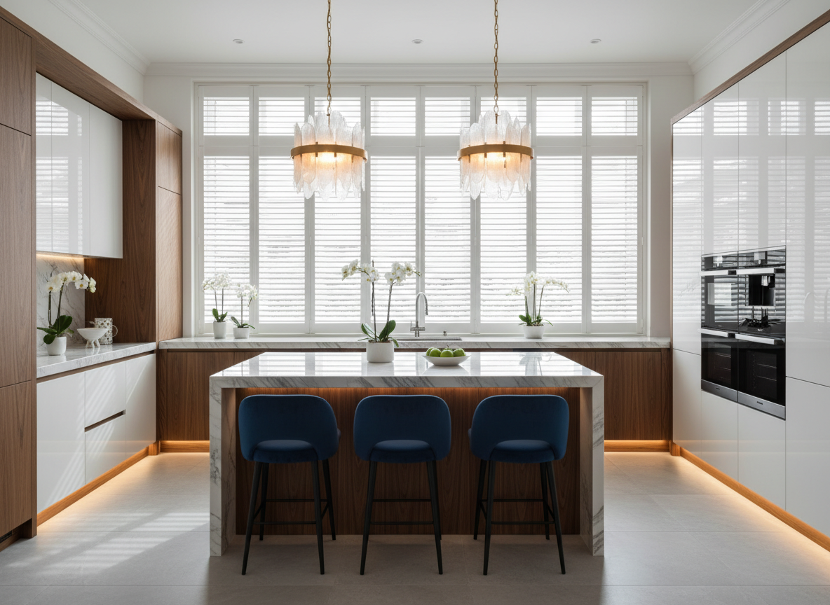 Modern kitchen with white and wooden cabinetry, large window with blinds, marble island with three blue chairs, pendant lighting, and potted plants.