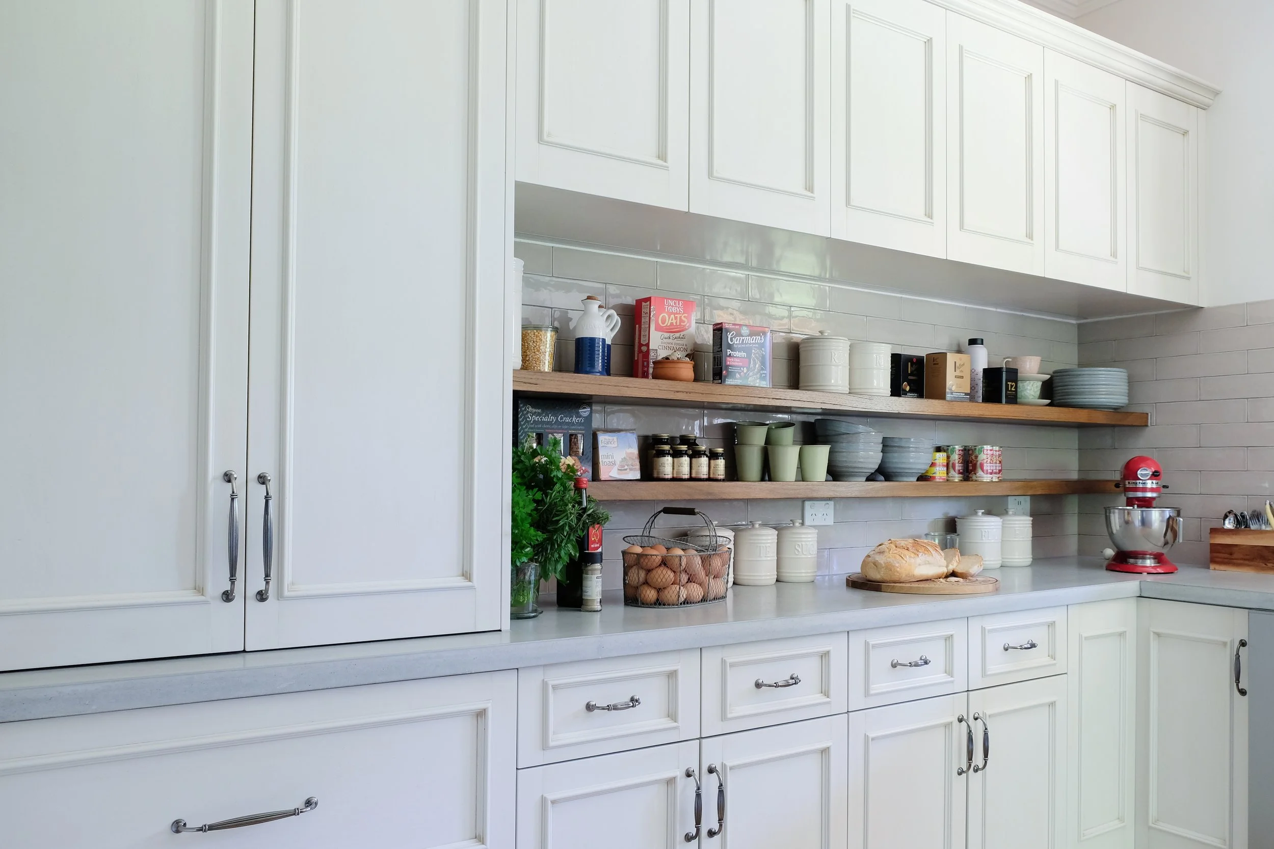 Butler Pantry, cream coloured cabinetry, concrete benchtop, timber shelves