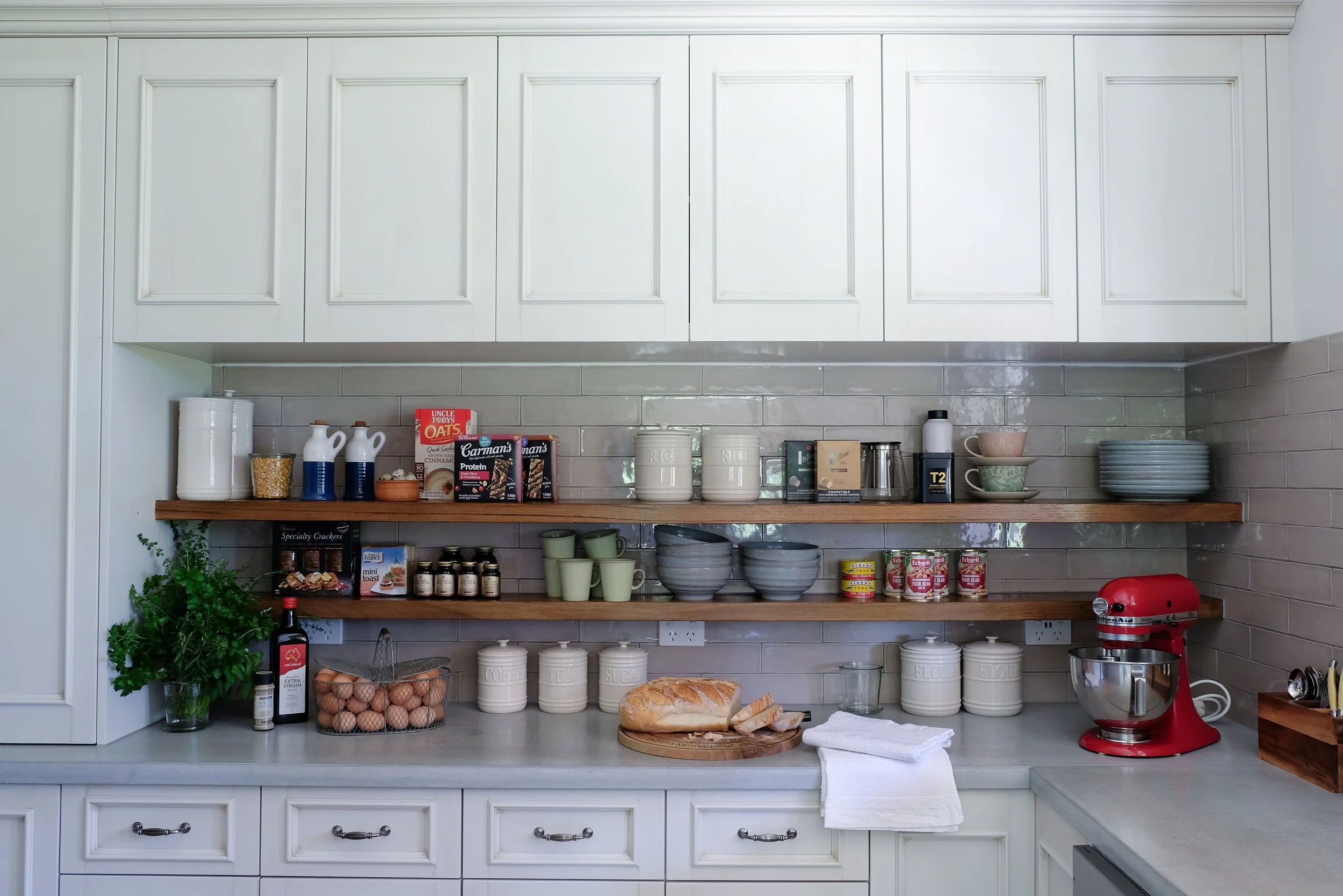 Butler Pantry, cream coloured cabinetry, concrete benchtop, timber shelves