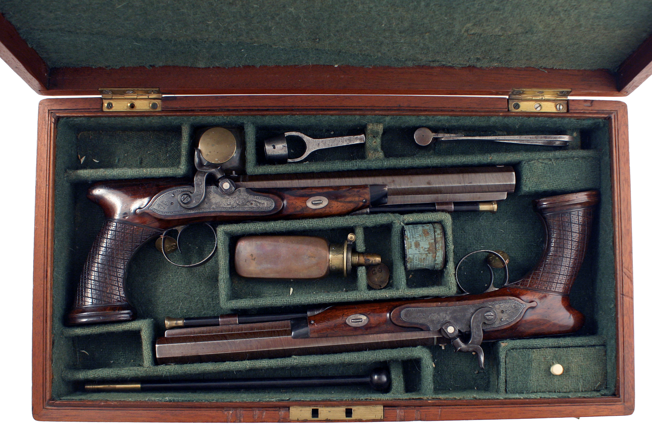 Cased Pair of Saw-Handled Pistols by Clarke of London