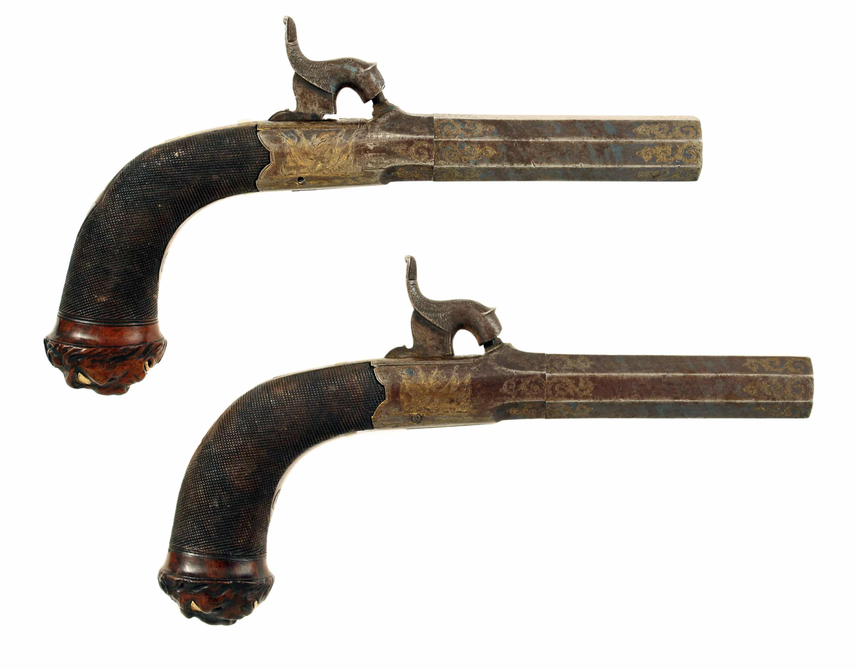 A pair of blue & gilt pocket pistols
