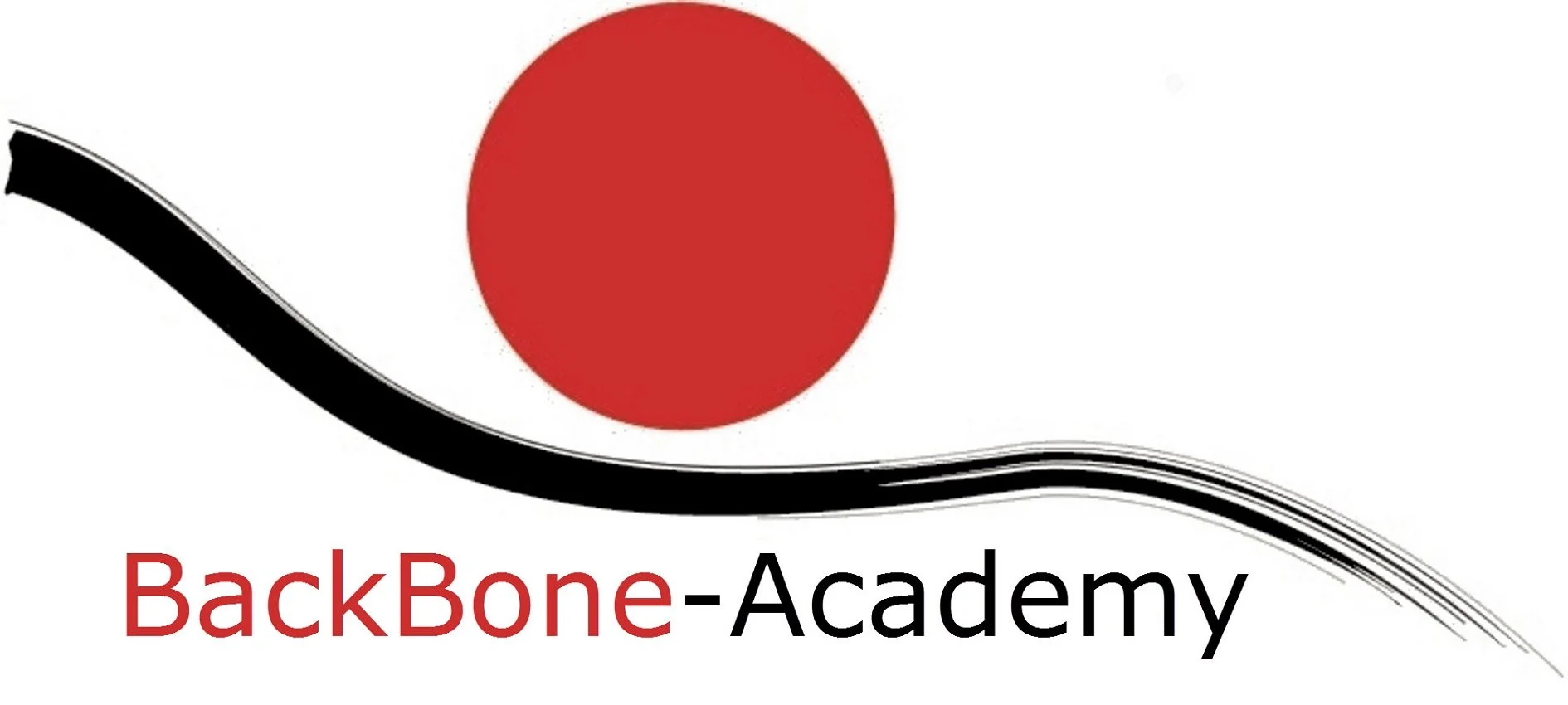 Logo der Backbone-Akademie mit schwarzem, geschwungenem Linien und rotem Kreis. Darunter der Schriftzug 'BackBone-Academy' in rot und schwarz.