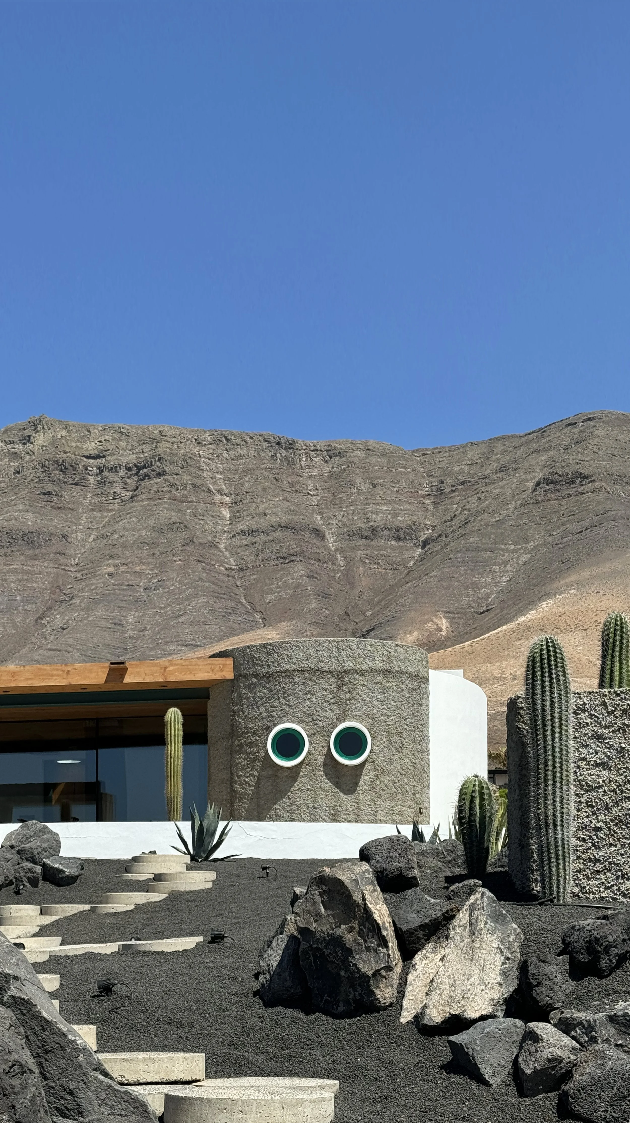Modern house with circular windows, surrounded by desert plants and rocks, set against a mountainous backdrop under a clear blue sky.