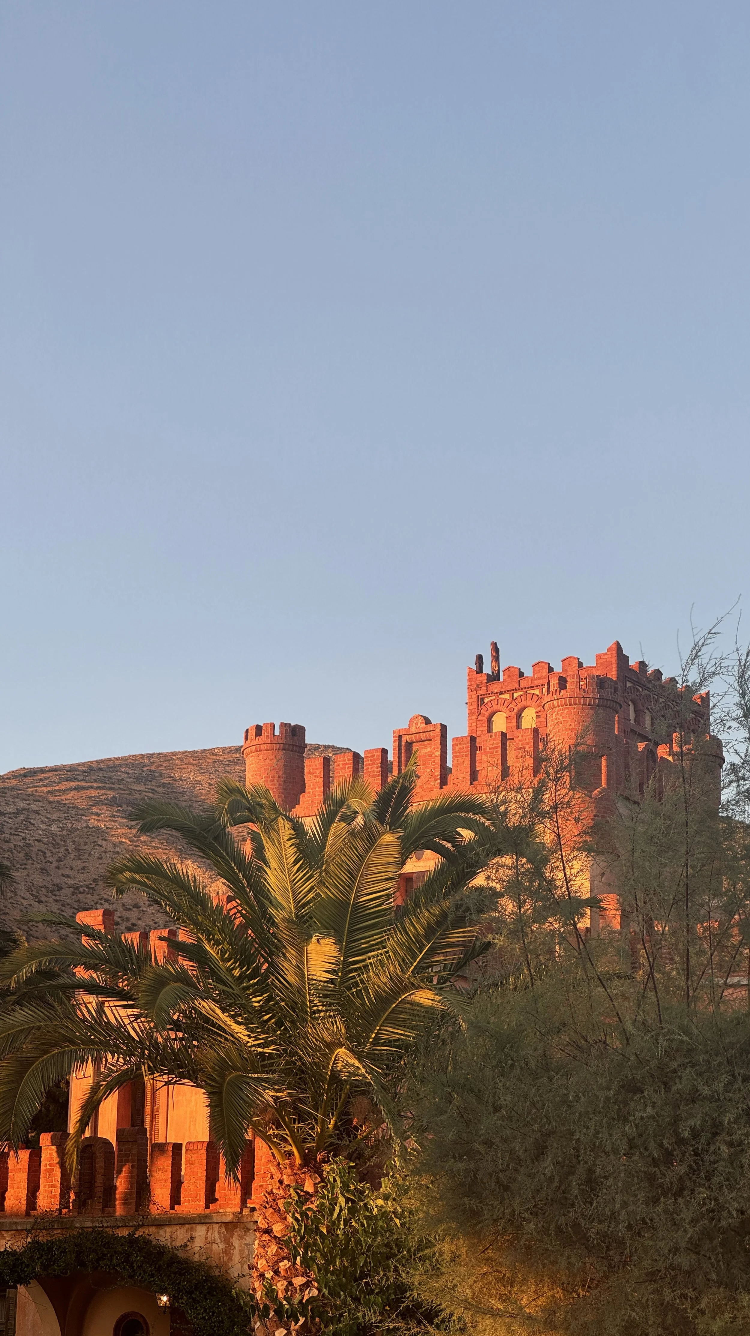 A red brick castle looks toward a clear sky at sunset, with palm trees and green bushes in the foreground.