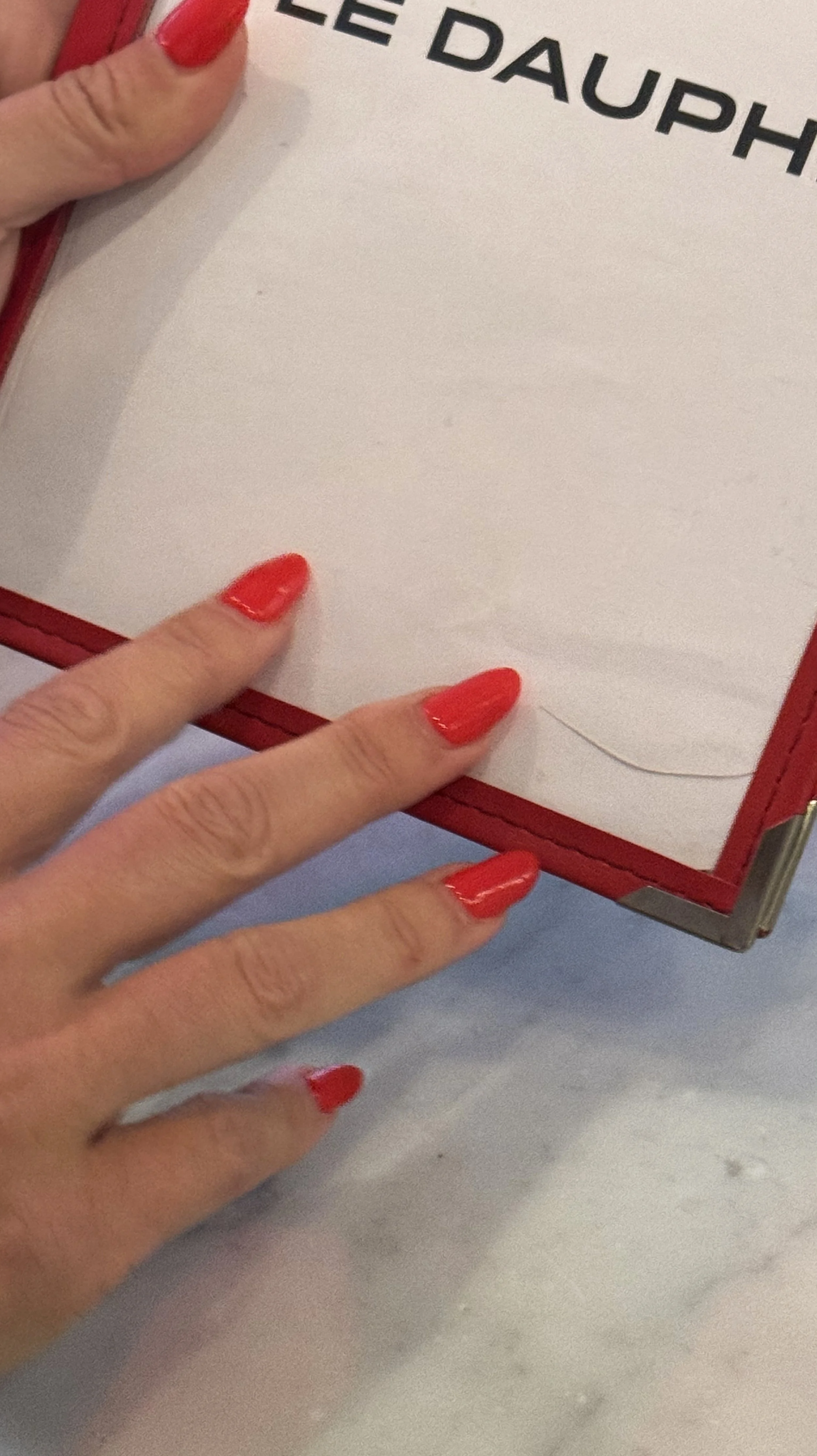 Close-up of a hand with red-painted nails holding a menu or a card with 'LE DAUPH' visible at the top.