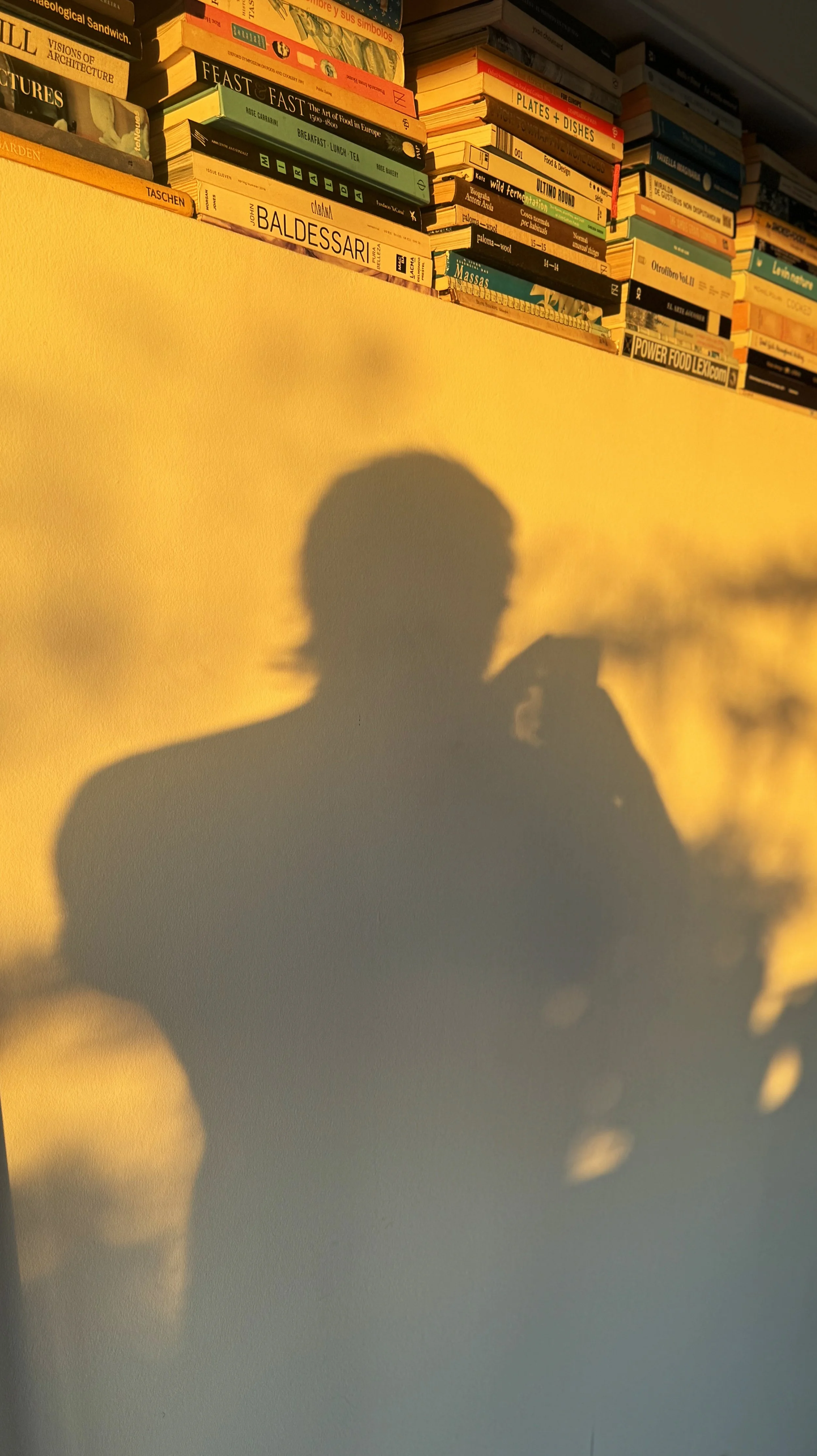 Shadow of a person taking a photo is cast on a yellow wall with a bookshelf above, filled with various colorful books.