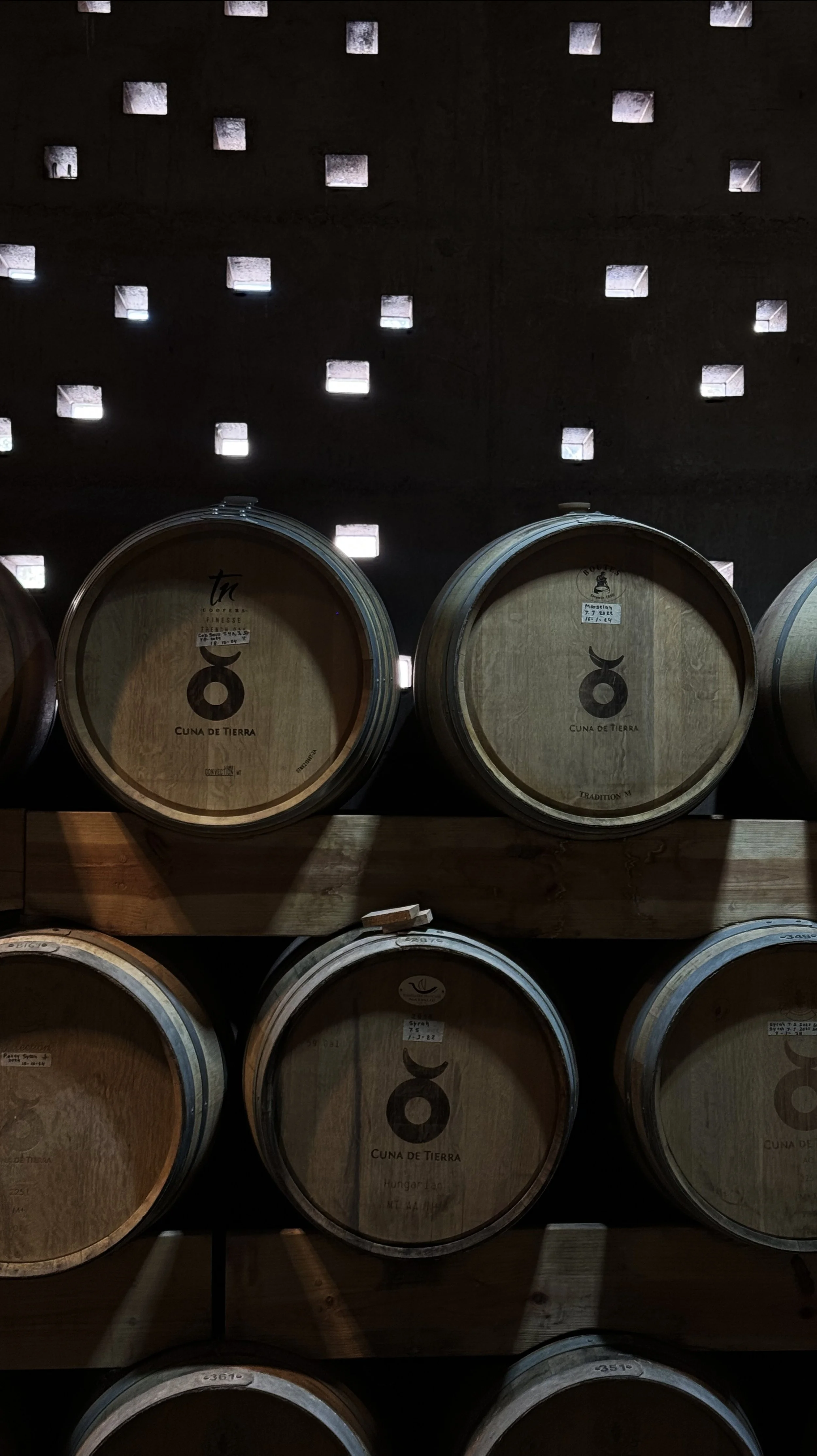 Benjamin Liatoud designs bespoke luxury architecture worldwide. Wine barrels stored on wooden racks against a dark wall with square textures.