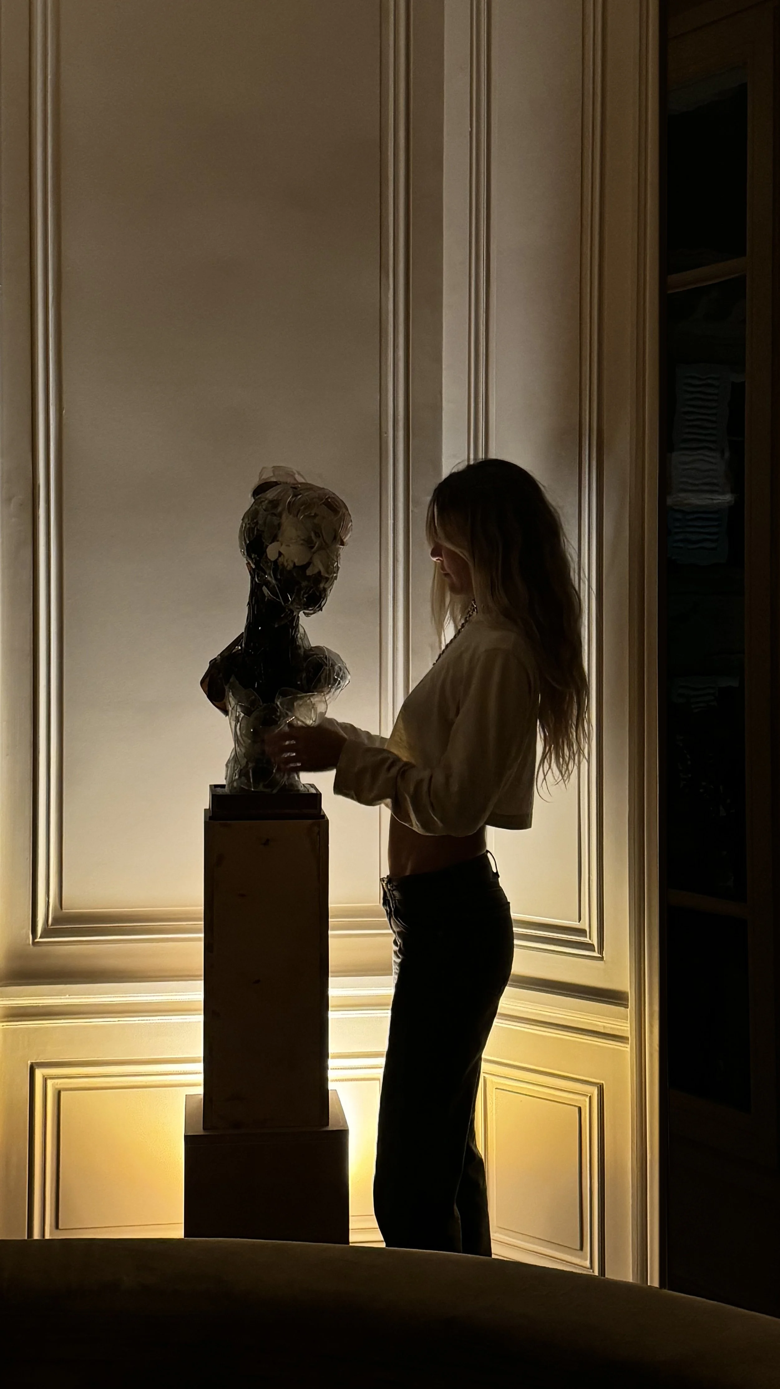 Silhouetted woman with long hair looking at a bust sculpture on a pedestal in a warmly lit room with wood-paneled walls.