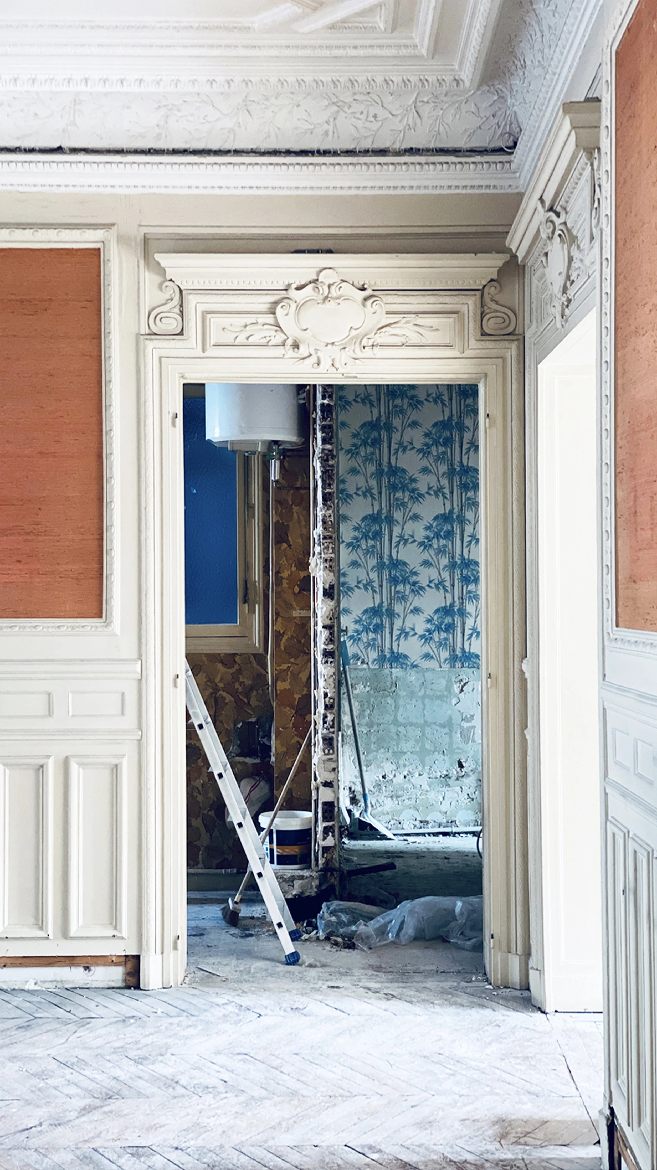 Interior of a room undergoing renovation, with ornate white molding on the door frame and ceiling. The room beyond features wallpaper with a blue and white tropical palm tree pattern, and renovation tools and materials are visible.