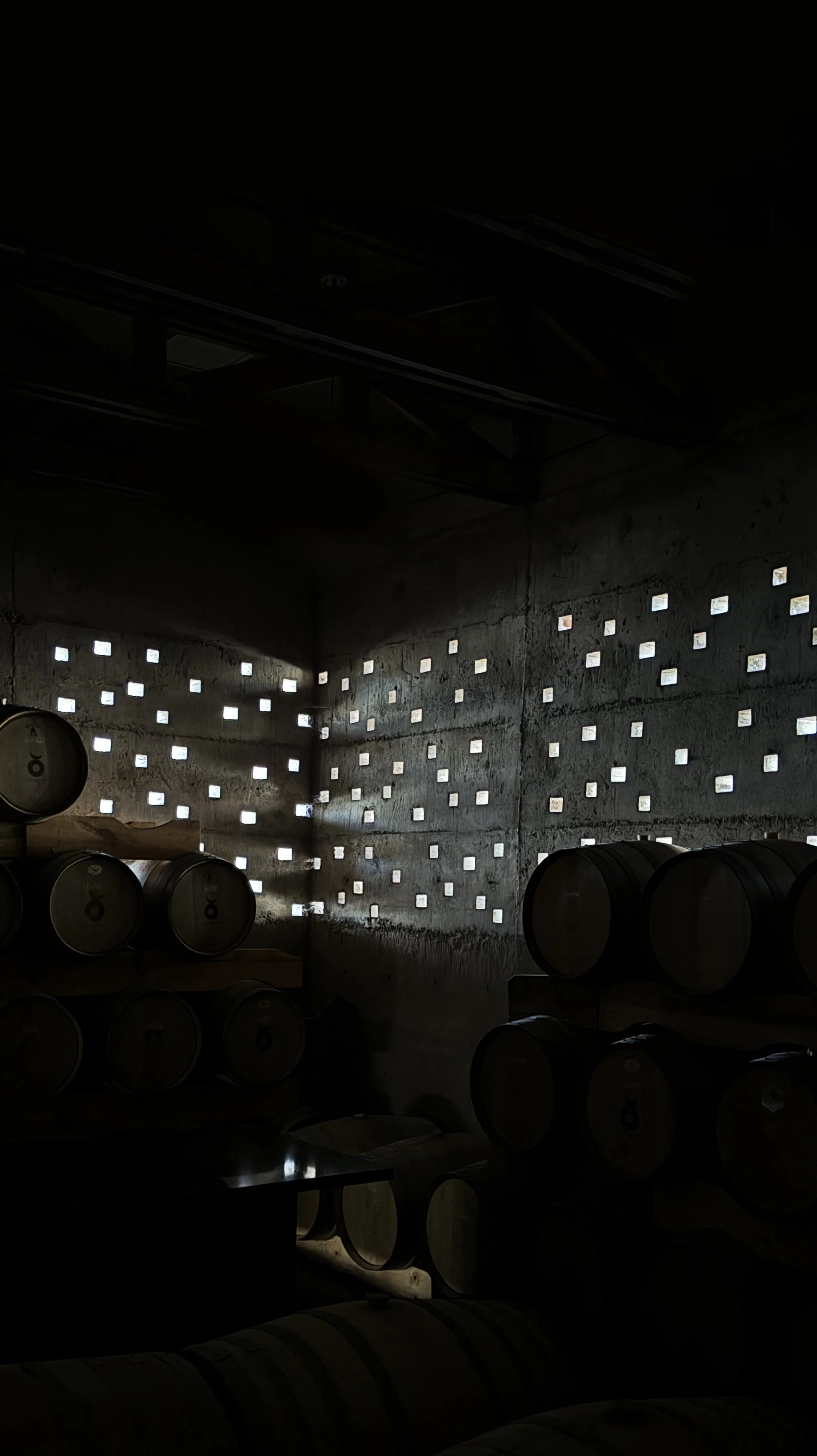 Benjamin Liatoud designs bespoke luxury architecture worldwide. Wine barrels stored in a dark cellar with small square ventilation holes in the concrete wall, allowing light to filter through.