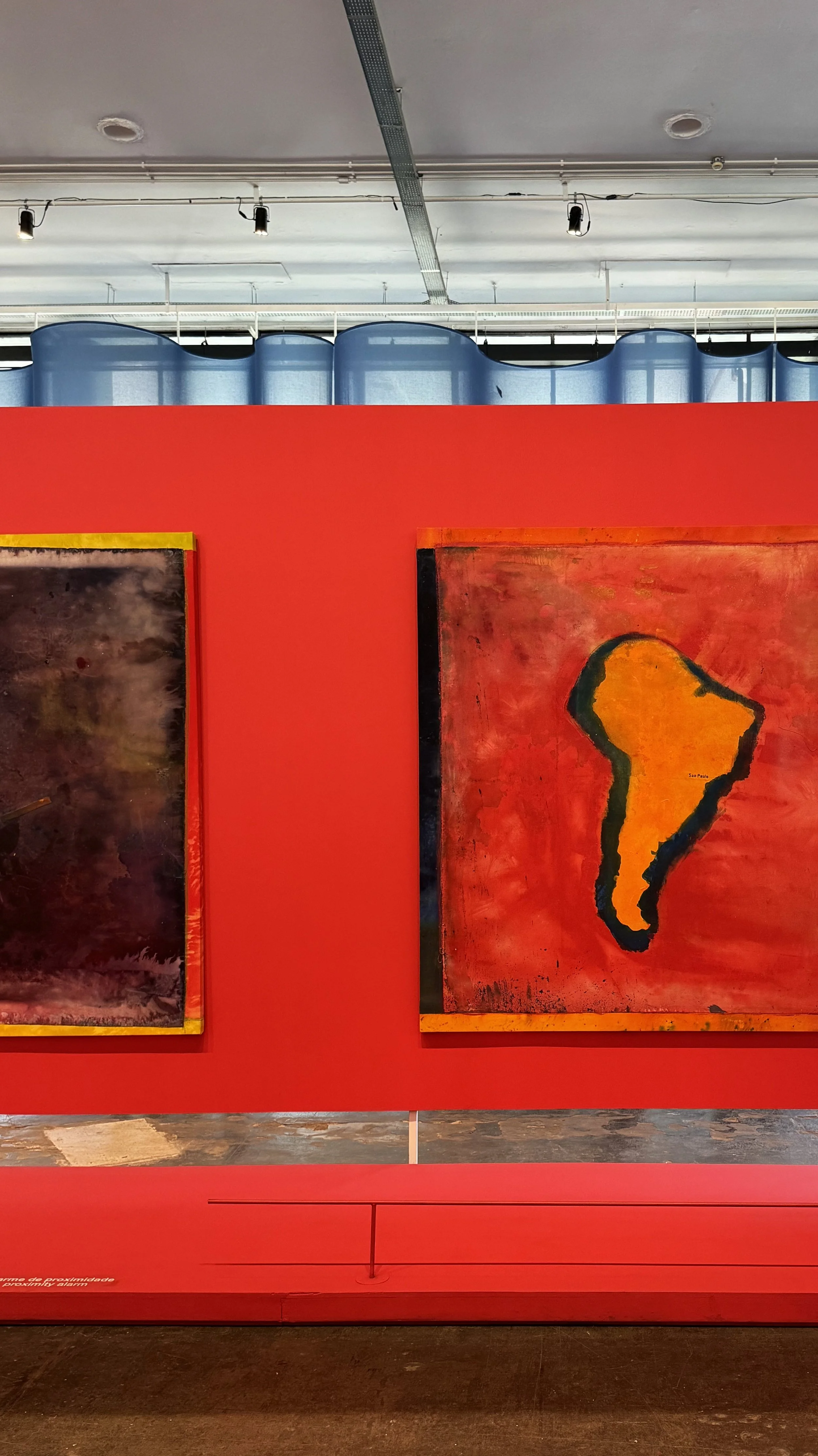 Two abstract paintings on a red wall in an art gallery, with visible ceiling lights and a blue decorative element in the background.