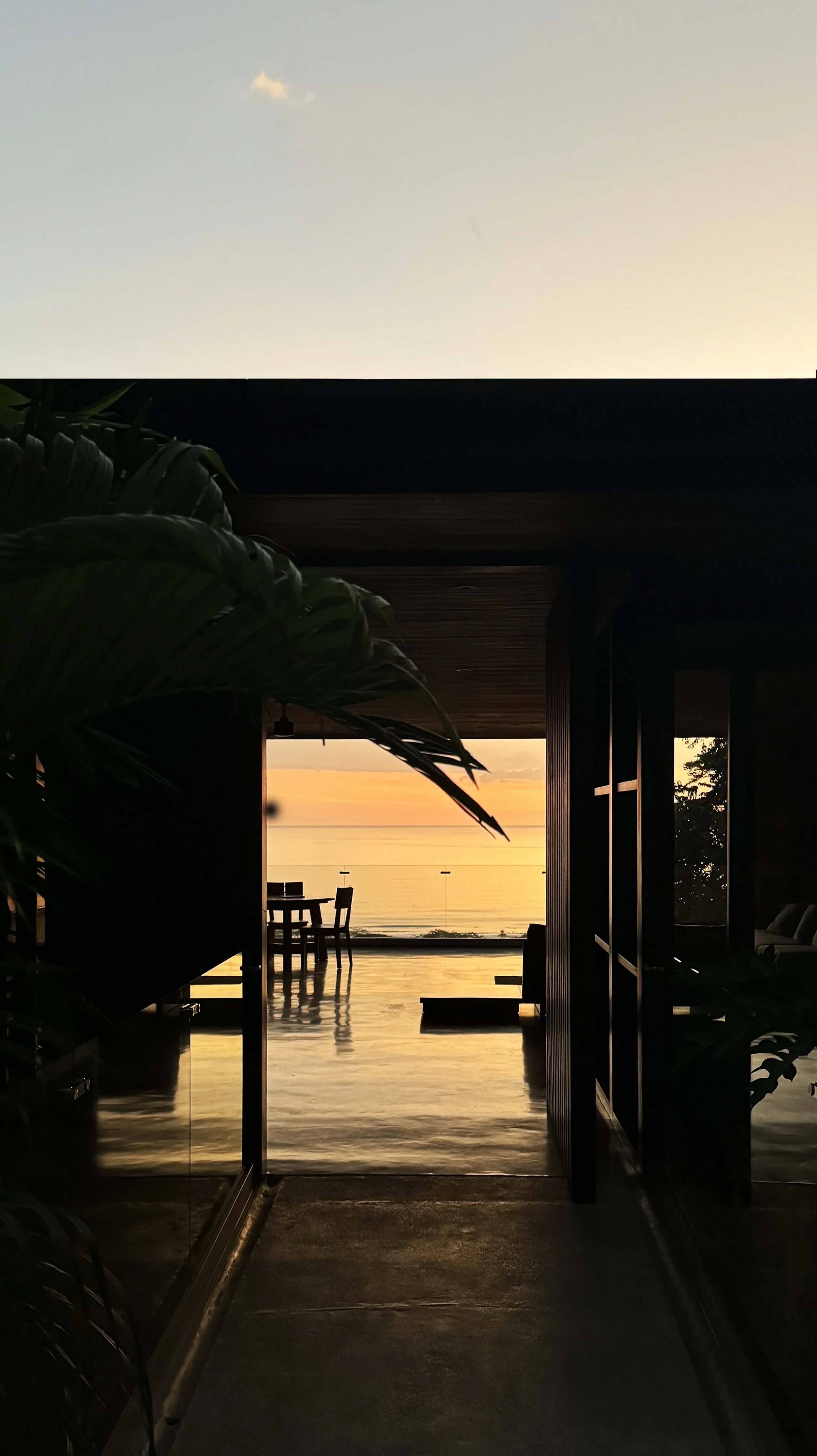 Sunset view through open doorway of a modern house, with outdoor table and chairs near the water, and lush green plants inside.