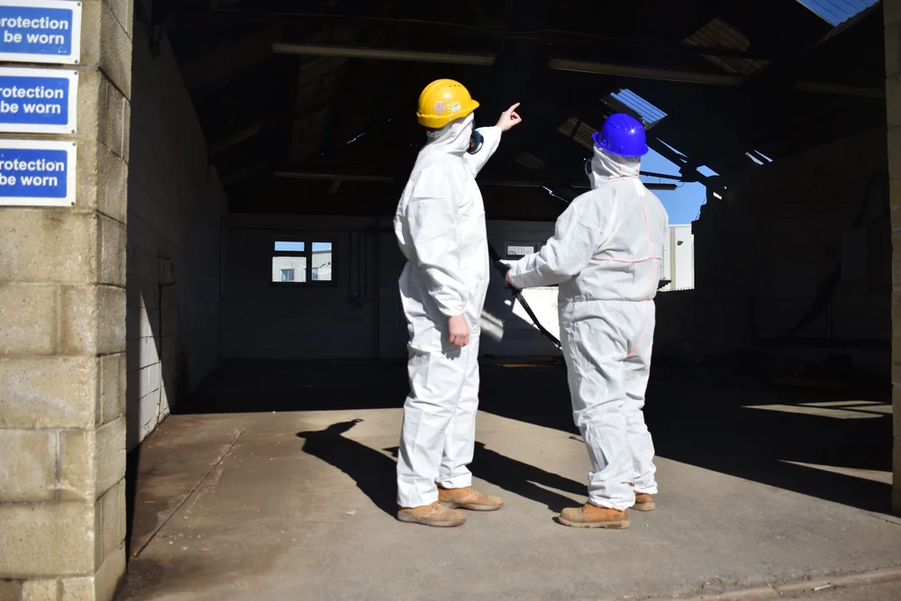 ASM asbestos surveyors carrying out an asbestos re-inspection survey in a commercial building