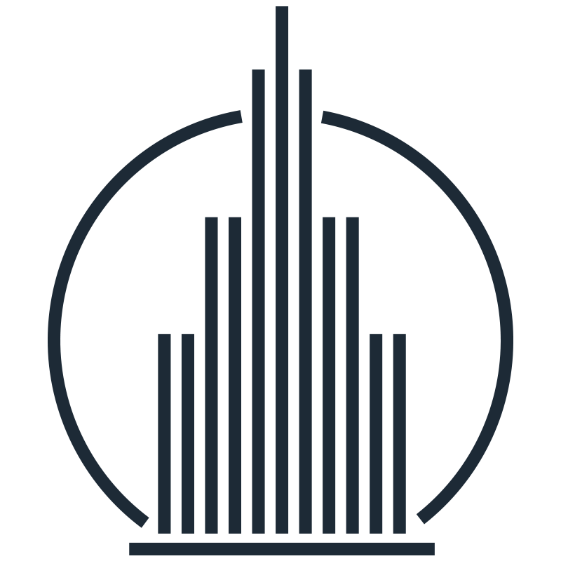 Stylized dark blue graphic logo with vertical bars inside a circle, resembling a barcode or soundwave.