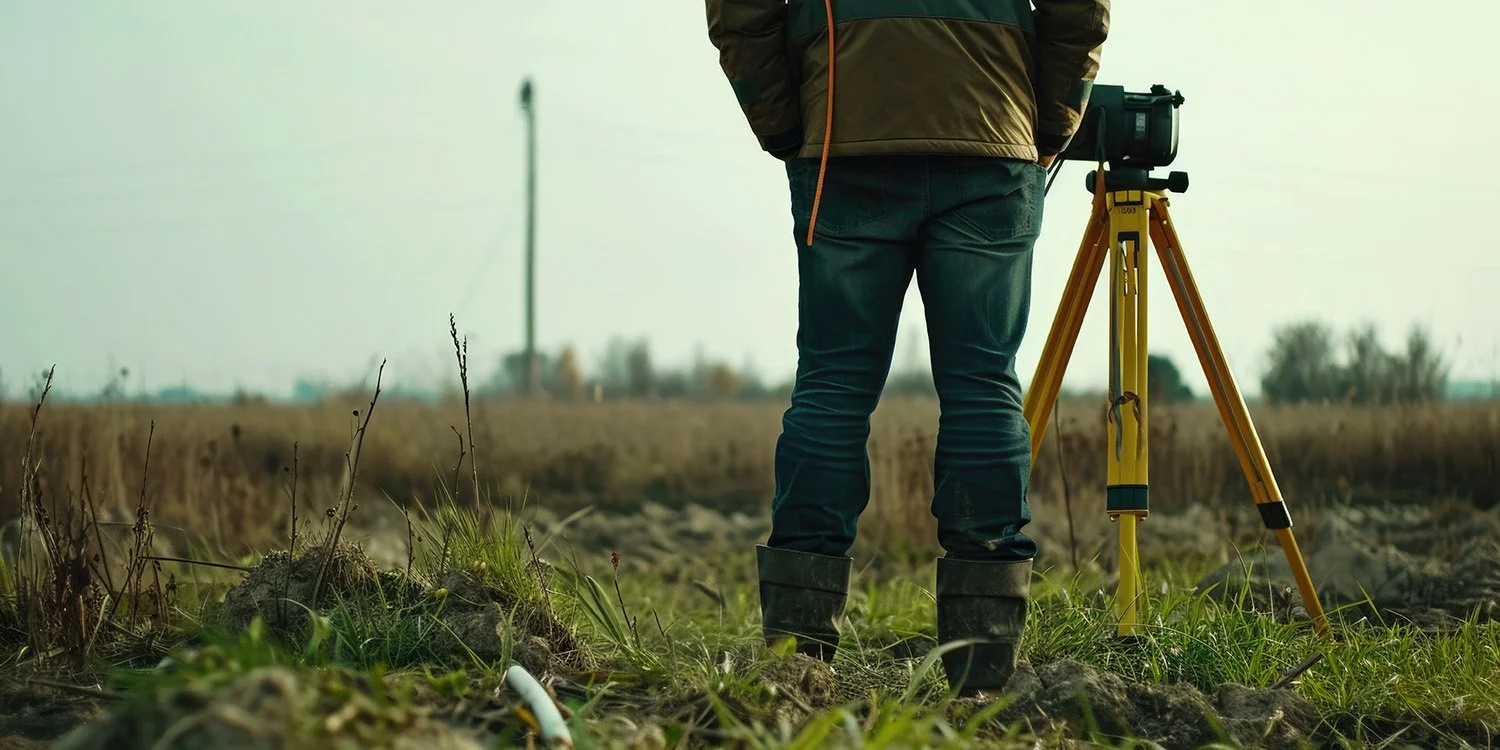 Person standing in a field with a tripod and camera, wearing jeans and boots, observing the land.