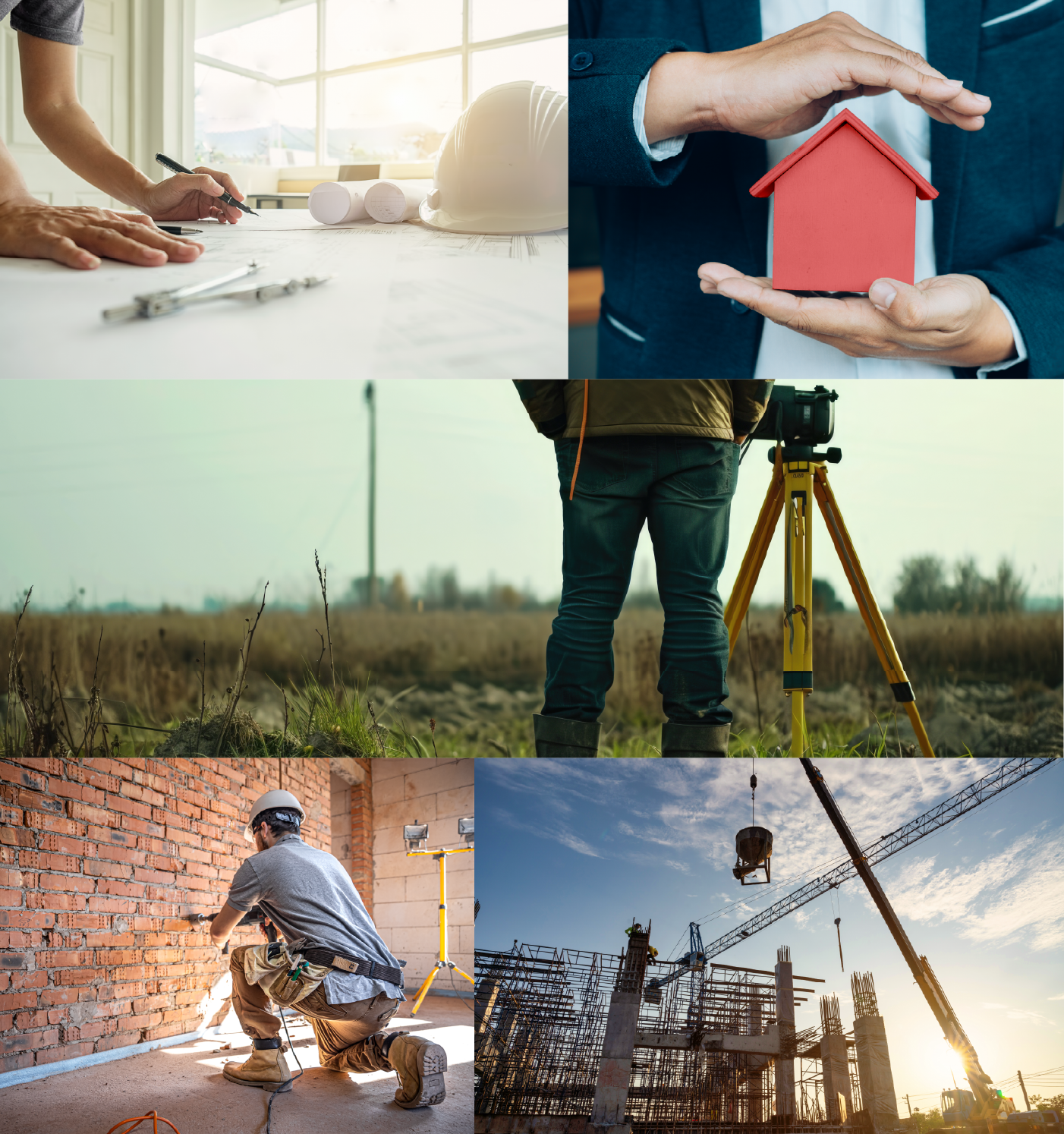 Collage of construction and real estate scenes including architectural planning, a person holding a small house model, surveying a field, a worker building with bricks, and a construction site with cranes and scaffolding.