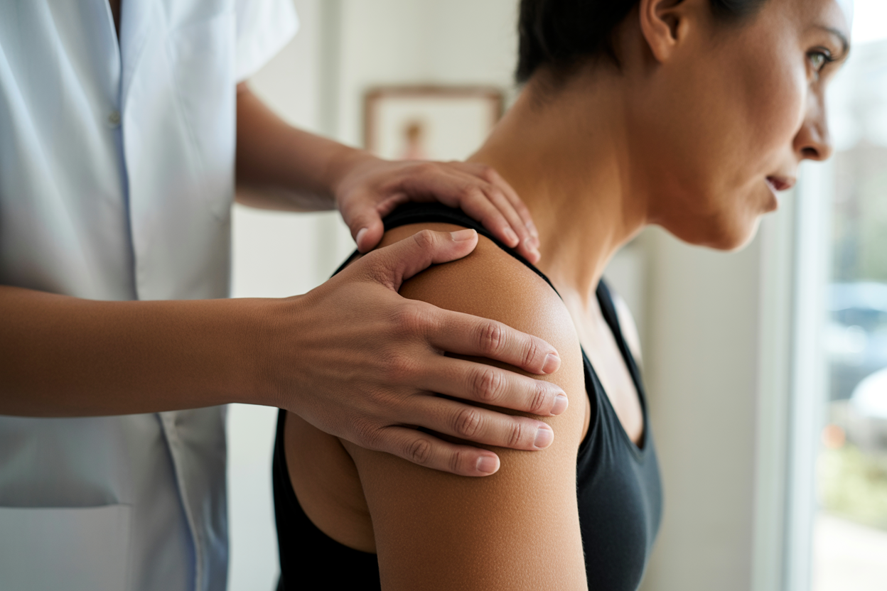 A healthcare professional performing physical therapy or a massage on a woman's shoulder, who is sitting near a window.