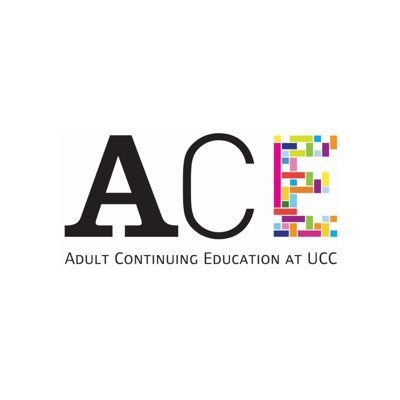Logo for Adult Continuing Education at UCC with the acronym ACE, where the letter E is stylized with colorful blocks.