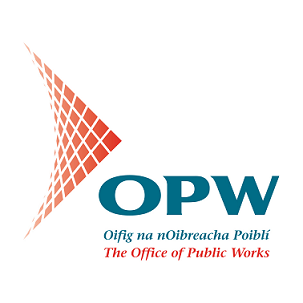 Logo of the Office of Public Works featuring a stylized orange arrow and text in blue and red.