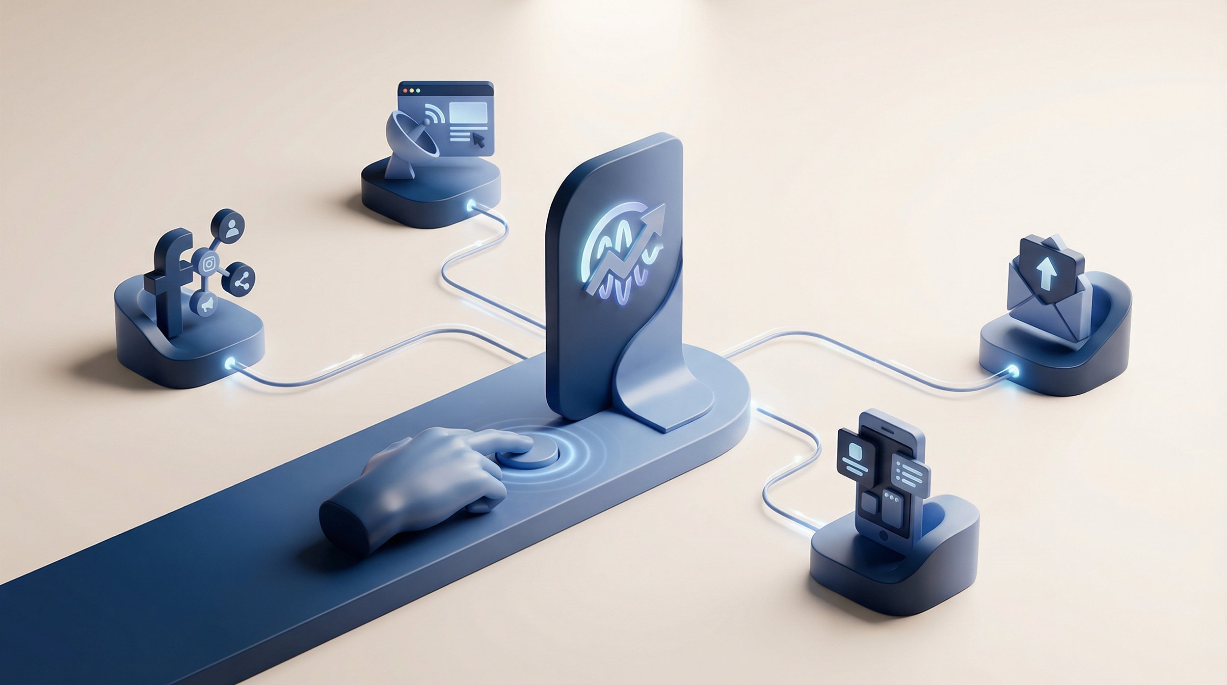 Young woman with glasses and face mask sitting at a desk with a computer screen in front, raising both hands making peace signs, in an office environment.