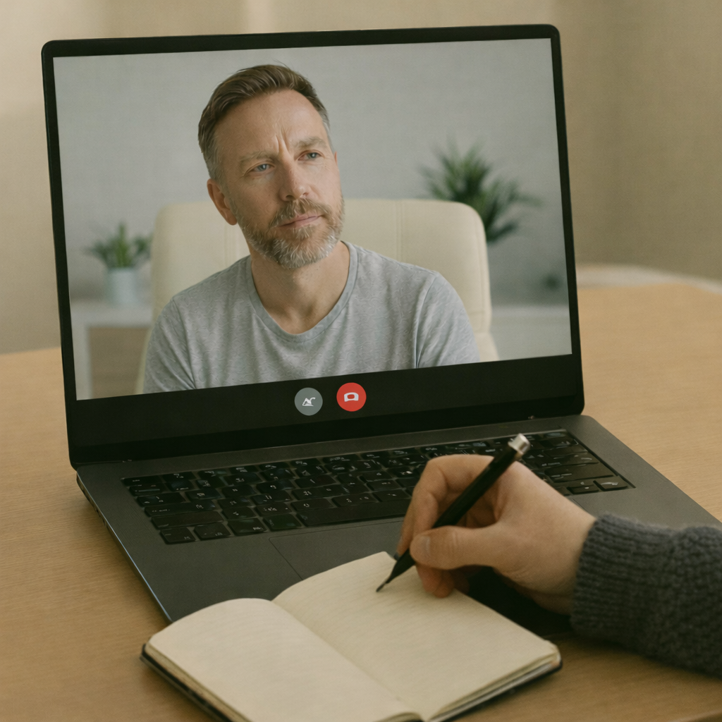 A person taking notes while on a video call with a man on a laptop screen in an indoor setting, with a notebook and pen on a wooden table.