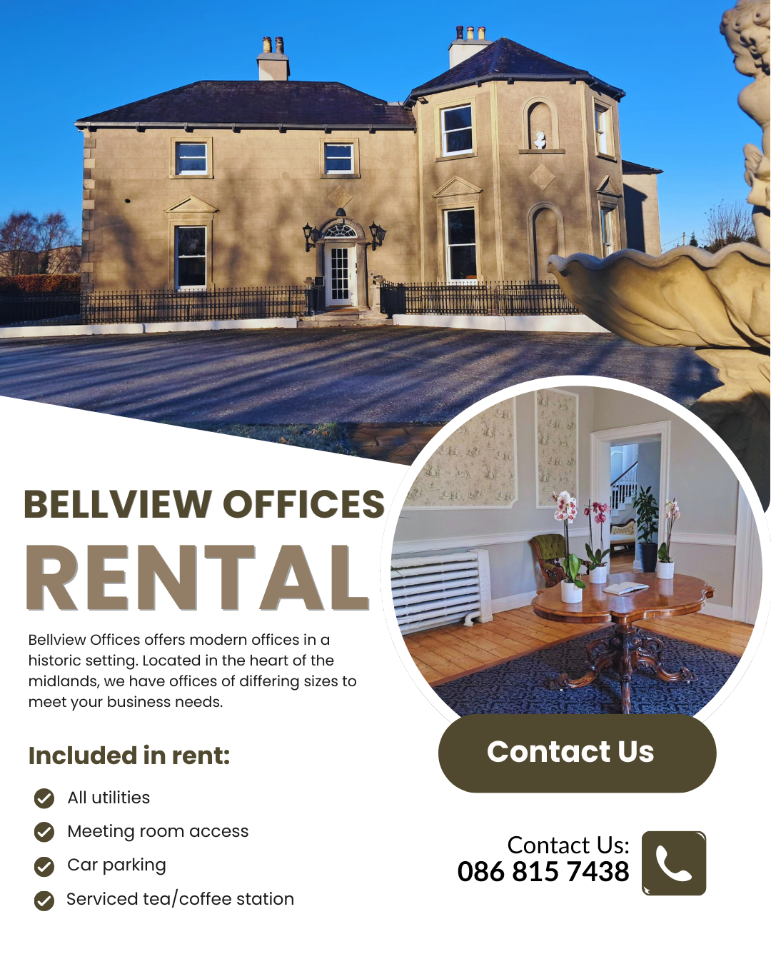 A promotional flyer for Bellview Offices Rental featuring an exterior image of a historic three-story building and an interior image of a meeting room with a round wooden table and orchids. The flyer highlights office amenities and contact information.