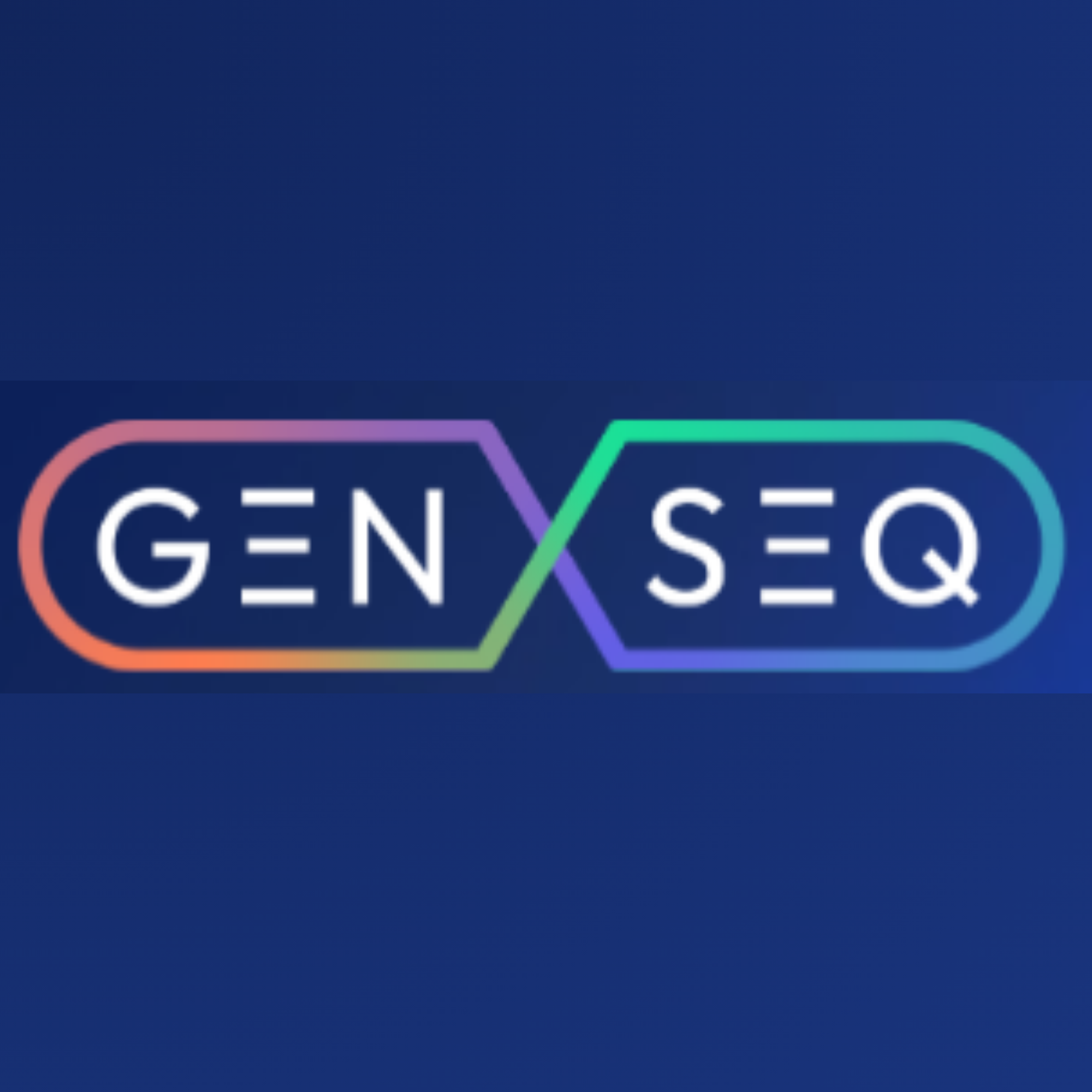 Colorful Gen Seq logo with interconnected rounded rectangles on a dark blue background.