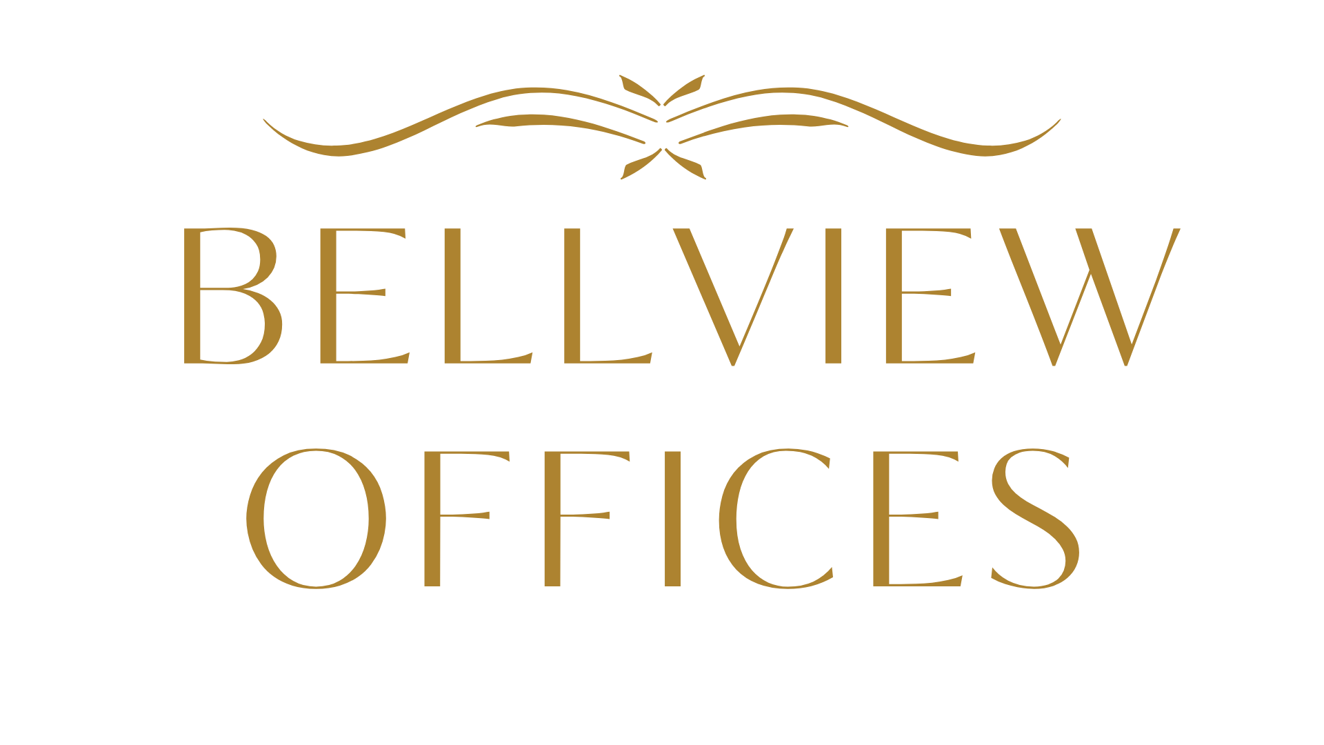 Logo for Belview Offices with elegant gold lettering and decorative gold flourish on a black background.