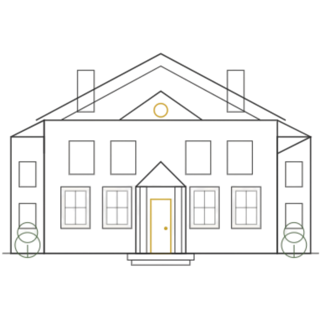 A digital illustration of a modern house with a central entrance, multiple windows, and landscaped bushes on either side.