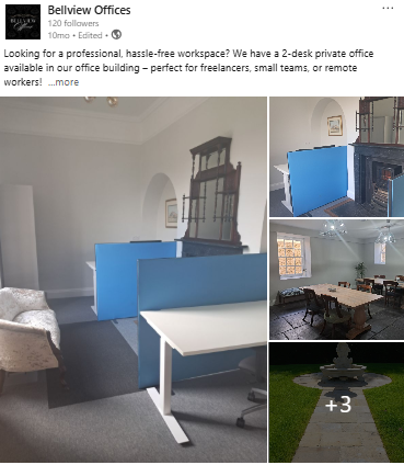 LinkedIn Images of a small office space with a blue desk, white table, black fireplace, outdoor fountain, and a meeting room with a large table and chairs.