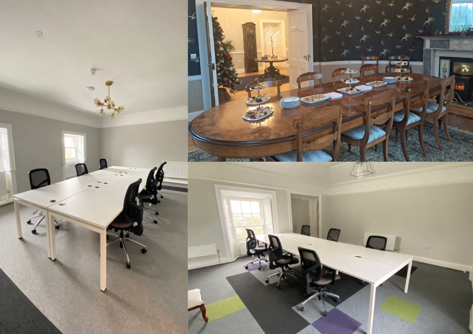 A collage of three images. The top right image shows a dining room with a large wooden table set with plates and desserts, decorated for Christmas with a Christmas tree in the background. The bottom left and bottom right images depict two different meeting rooms with white tables, black office chairs, and windows; one room has a gray carpet, and the other has a colorful tile pattern.