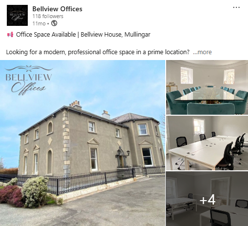 Exterior view of Bellview Offices, a large historic stone building, with a landscaped area in front. Interior images show a modern conference room with a long table and teal chairs, a meeting room with white tables and black chairs, and a medical or office space with a treatment bed and therapy equipment.