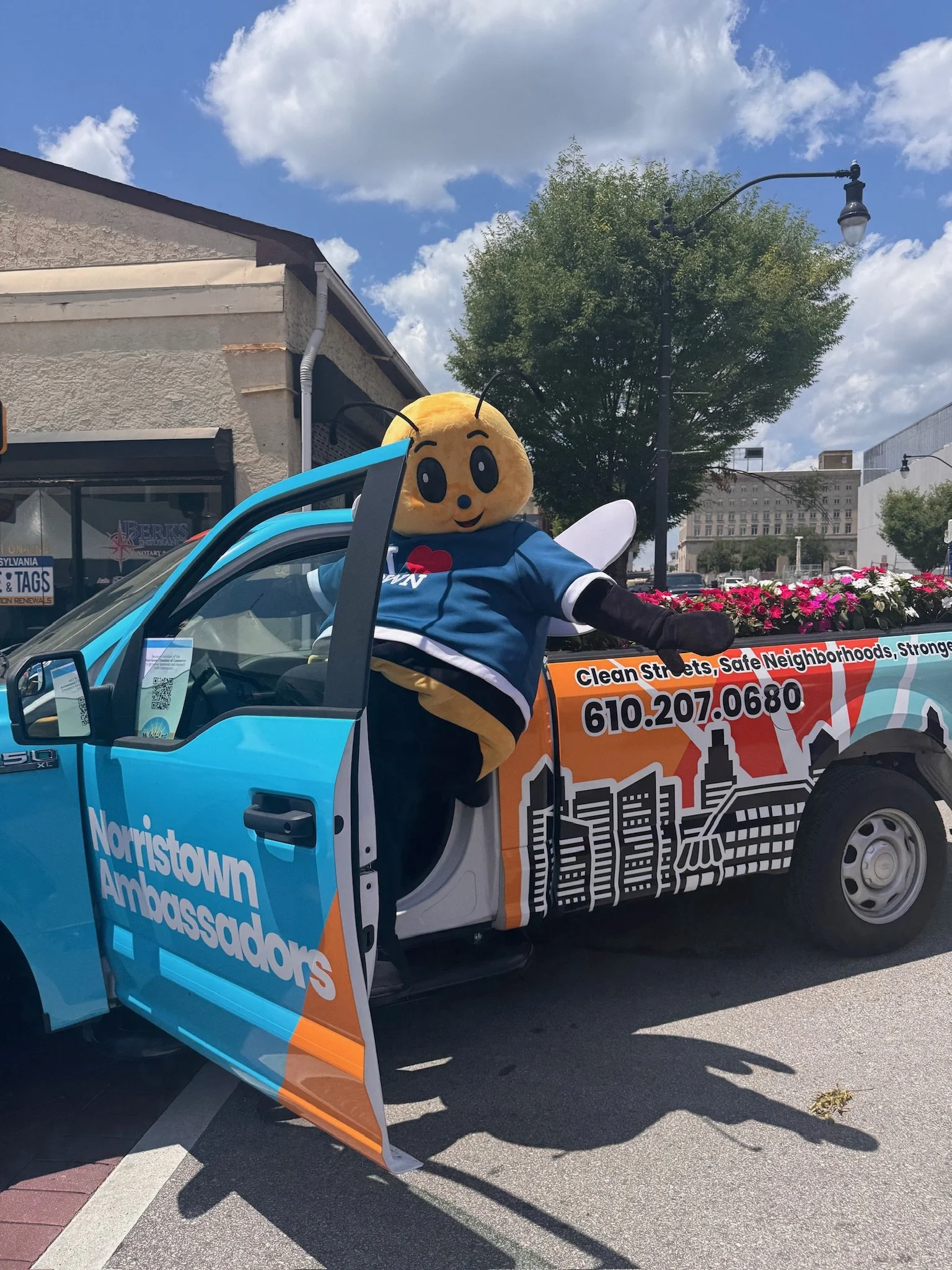 Norristown mascot Izzy the Bumblebee makes an appearance in the Chamber's Ambassadors truck, spreading a little community spirit while promoting neighborhood cleanliness and safety.