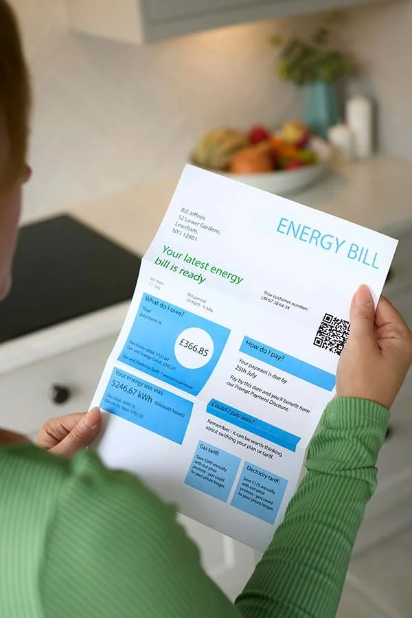 Person holding an energy bill in a kitchen.