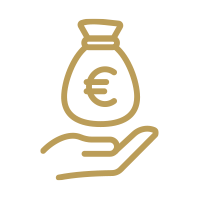 Icon of a hand holding a money bag with a Euro symbol on it.