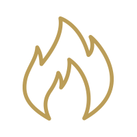 Stylized gold outline of a flame.