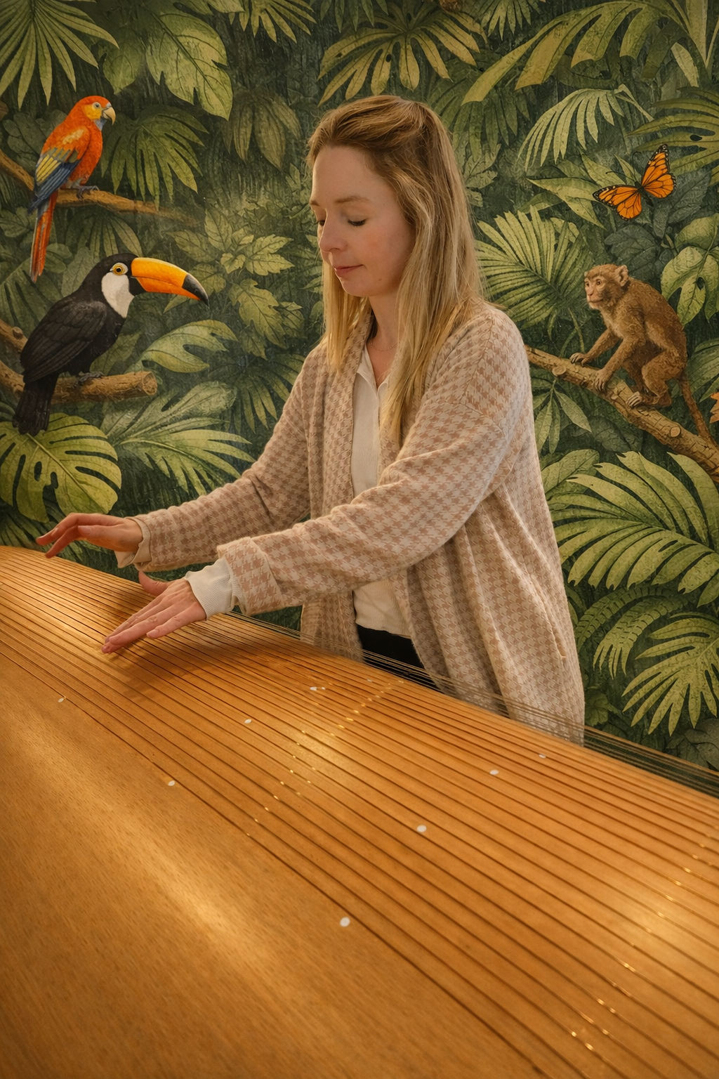 Junge Frau in einem Raum mit Dschungel-Wandbild, das verschiedene Tiere wie Papagei, Tukan, Affe und Schmetterling zeigt, spielt auf einem Holzklaviertastenbrett.