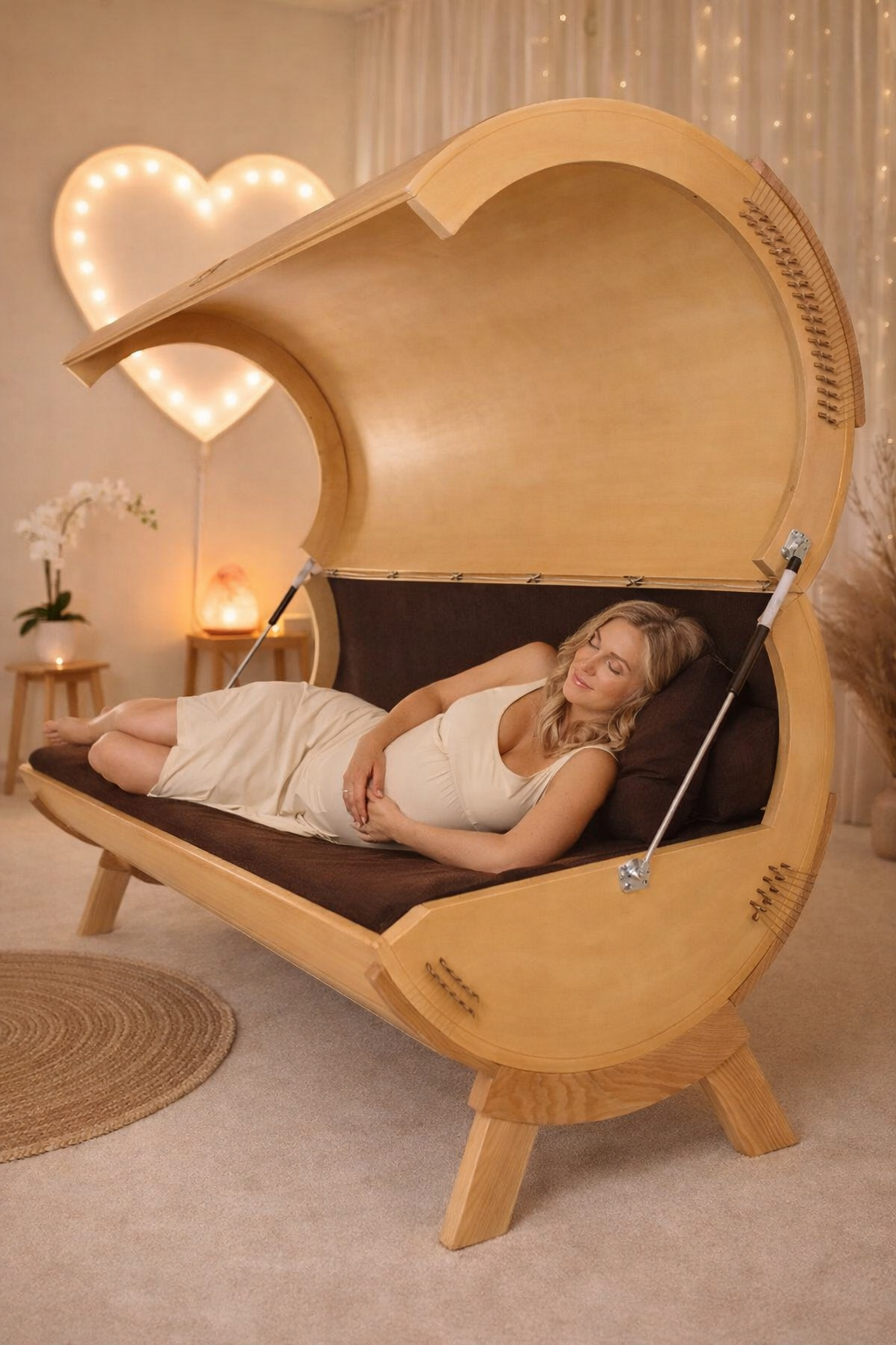 Schwangere Frau liegt in einem Bett, das wie eine Klavierform gestaltet ist, in einem gemütlichen Raum mit warmem Licht und Dekorationen.