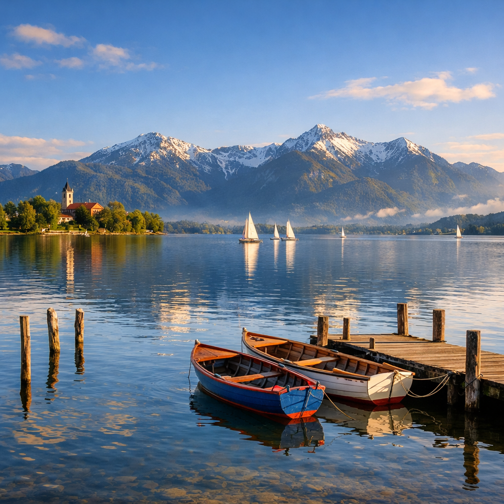 Blick auf einen See mit zwei Boote, einem Steg, einem Dorf mit Kirche, im Hintergrund schneebedeckte Berge bei Sonnenaufgang oder Sonnenuntergang.