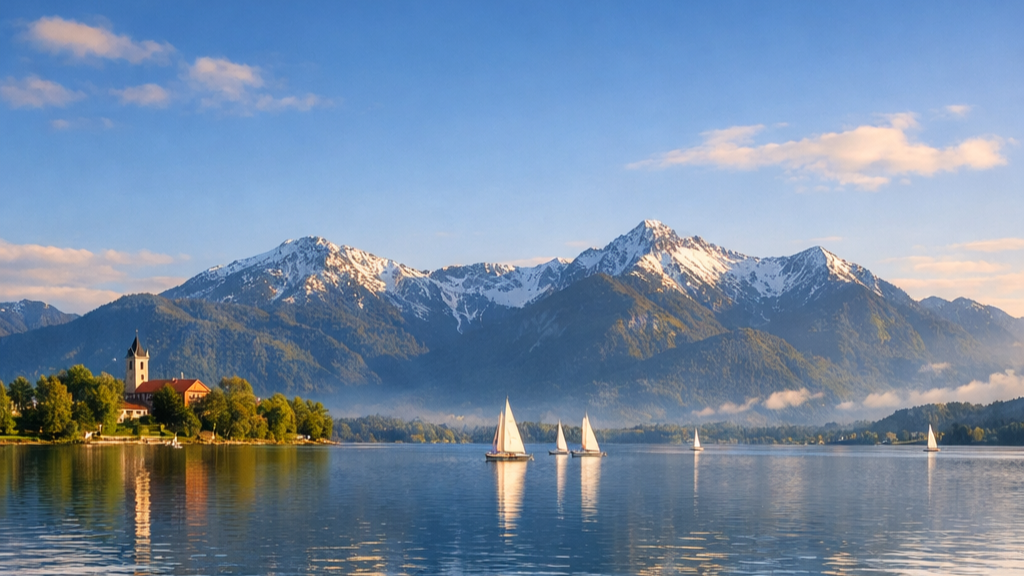 Blick auf einen ruhigen See mit Segelboote, im Hintergrund Berge mit schneebedeckten Gipfeln, links ein Dorf mit Kirche, blaues Himmel mit wenigen Wolken.