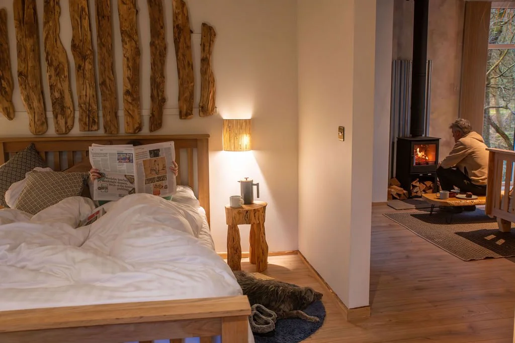 Someone reading the paper in bed with a dog and fire on