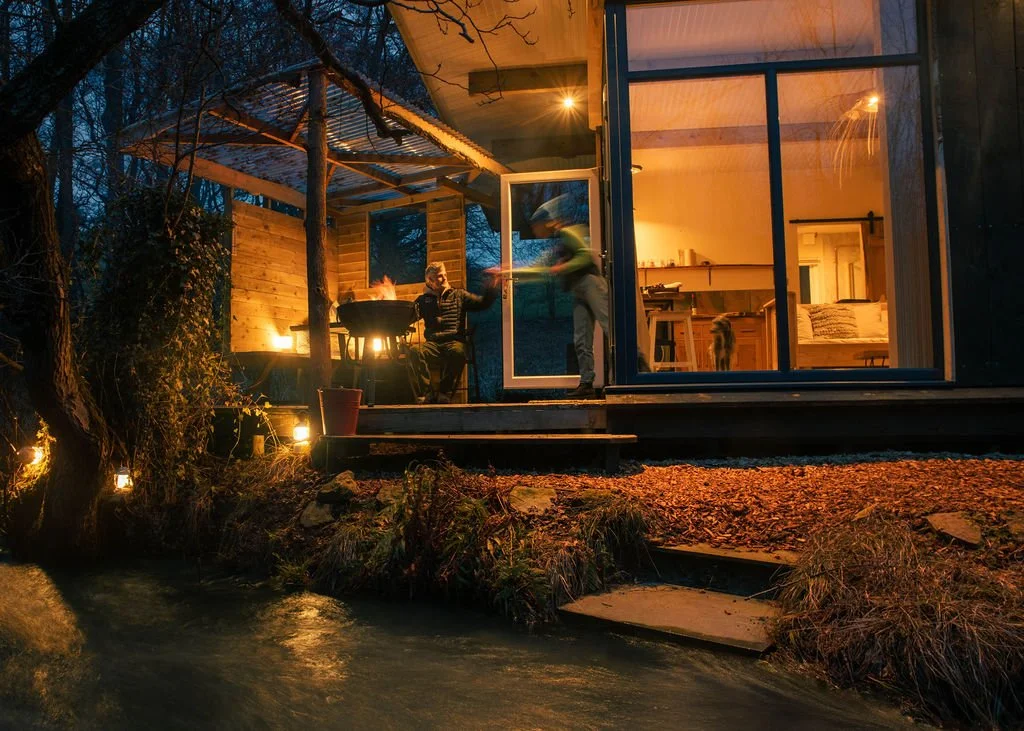 Beck looking cosy, night time lights and fire