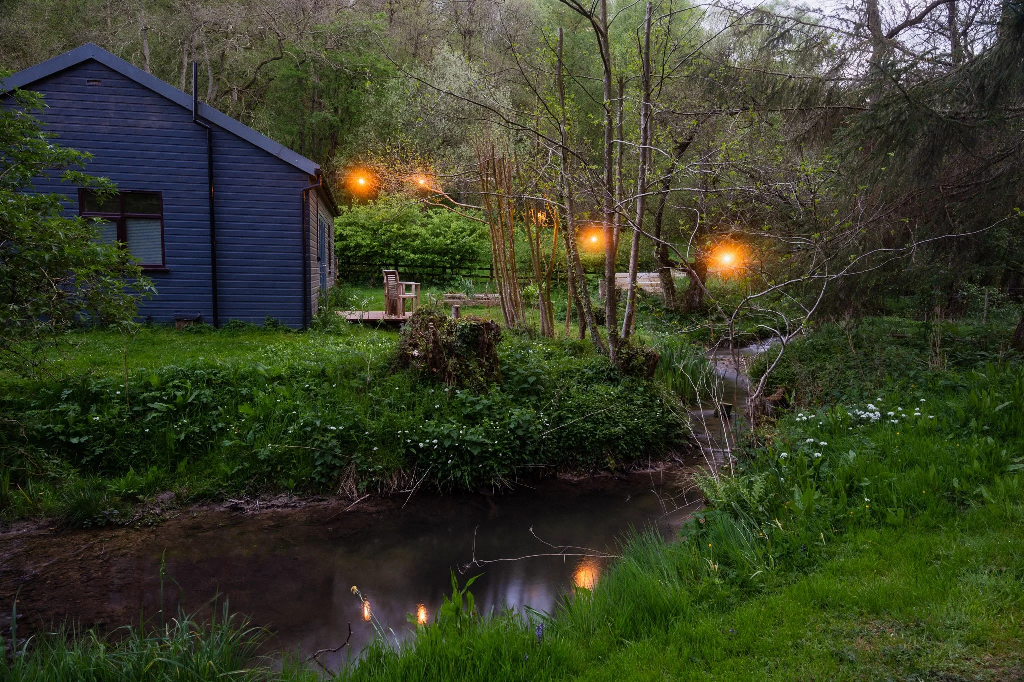 A blue house with a small deck features a grassy yard and a creek running through it, surrounded by trees with glowing lights hanging from their branches during dusk.