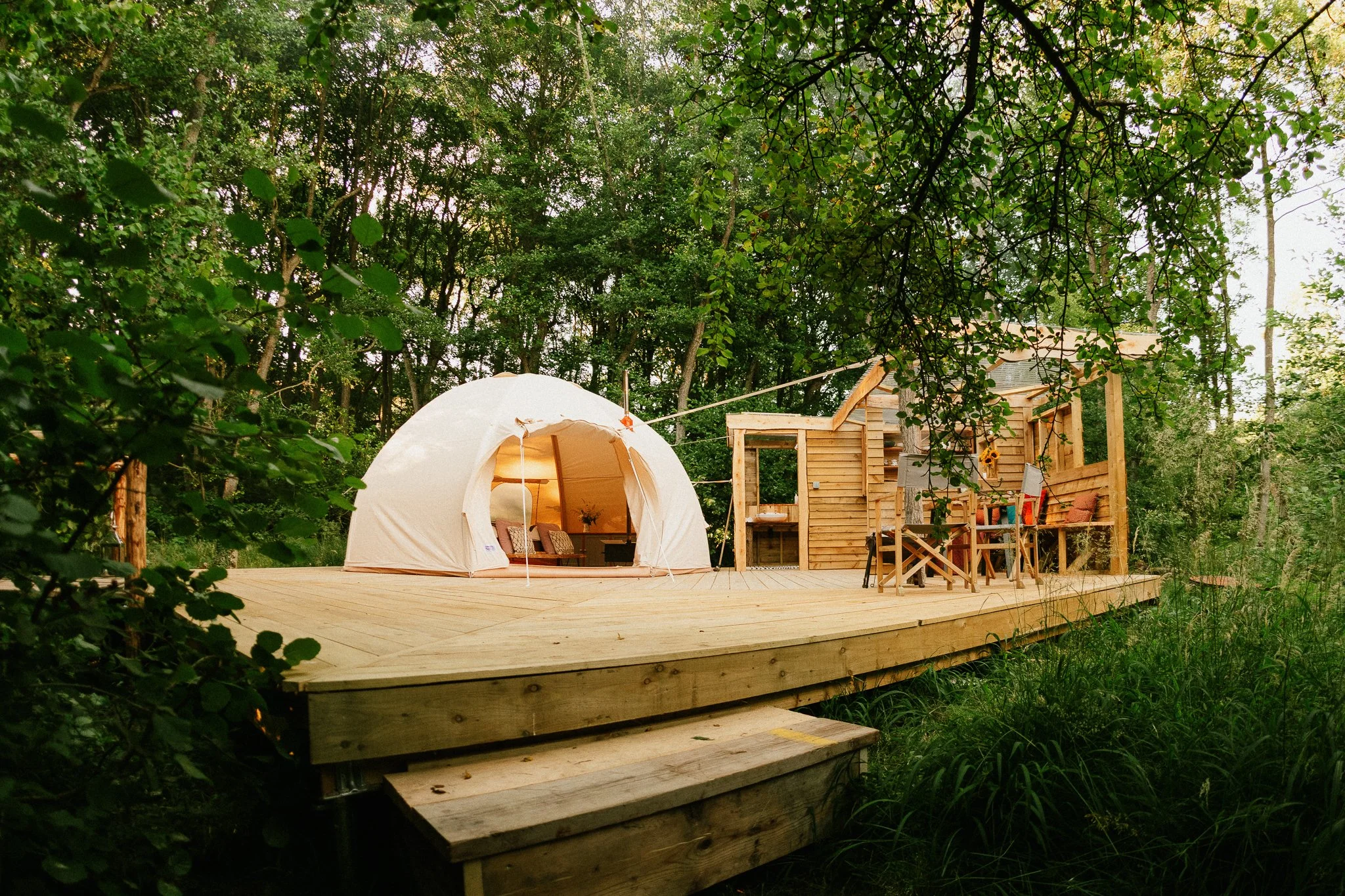 Glamping tent with private facilities is beautiful woodland surroundings