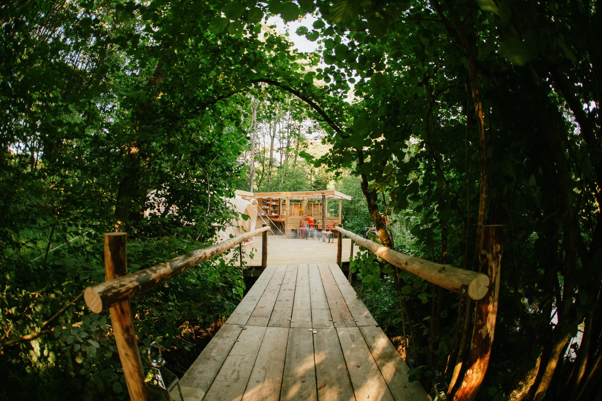 Cute wooden footbridge over a stream leading to the beautiful woodland glamping site 