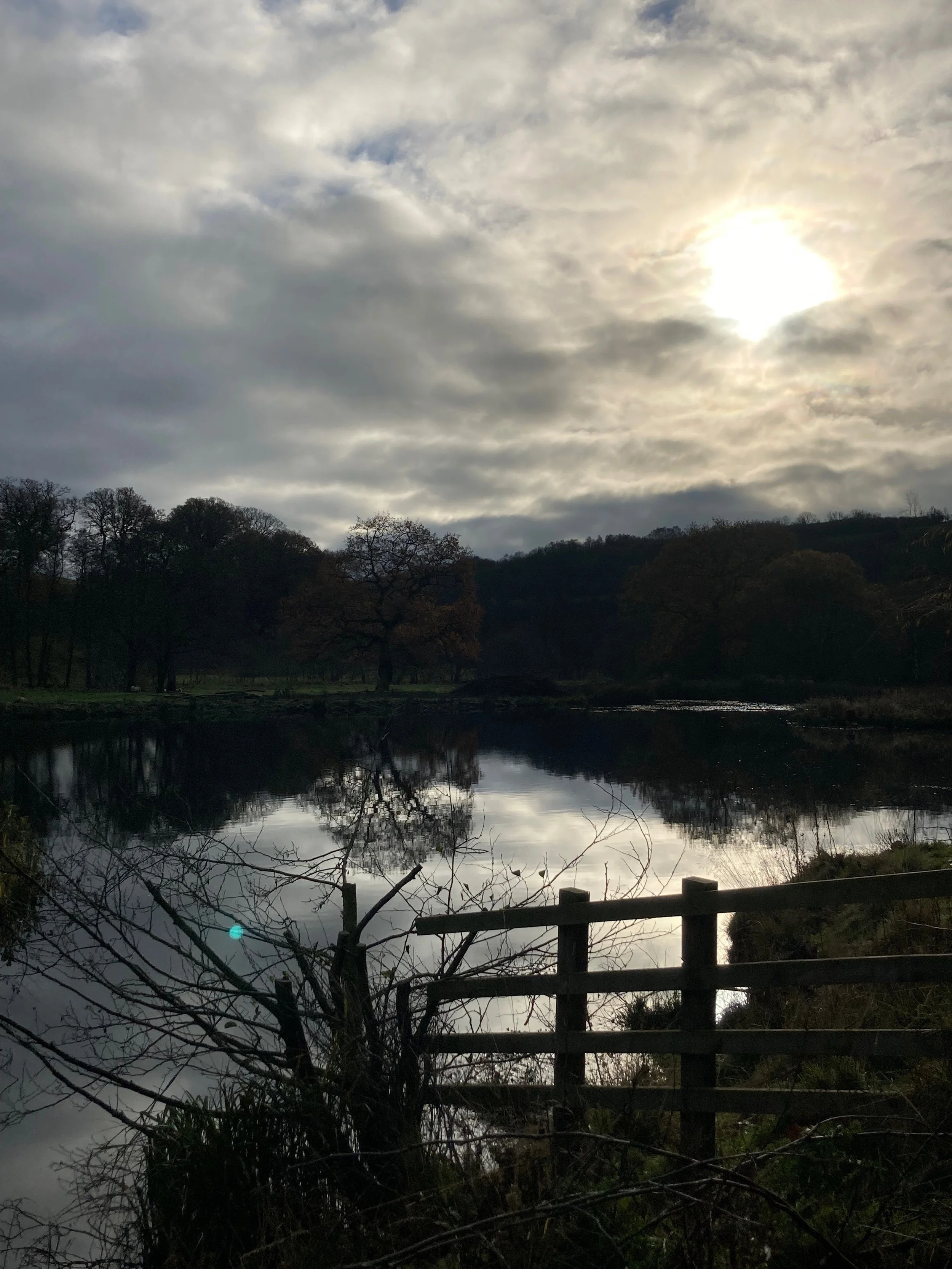 A tranquil lake with a wooden fence in the foreground, surrounded by trees, under a cloudy sky with the sun partially obscured, reflecting on the water.