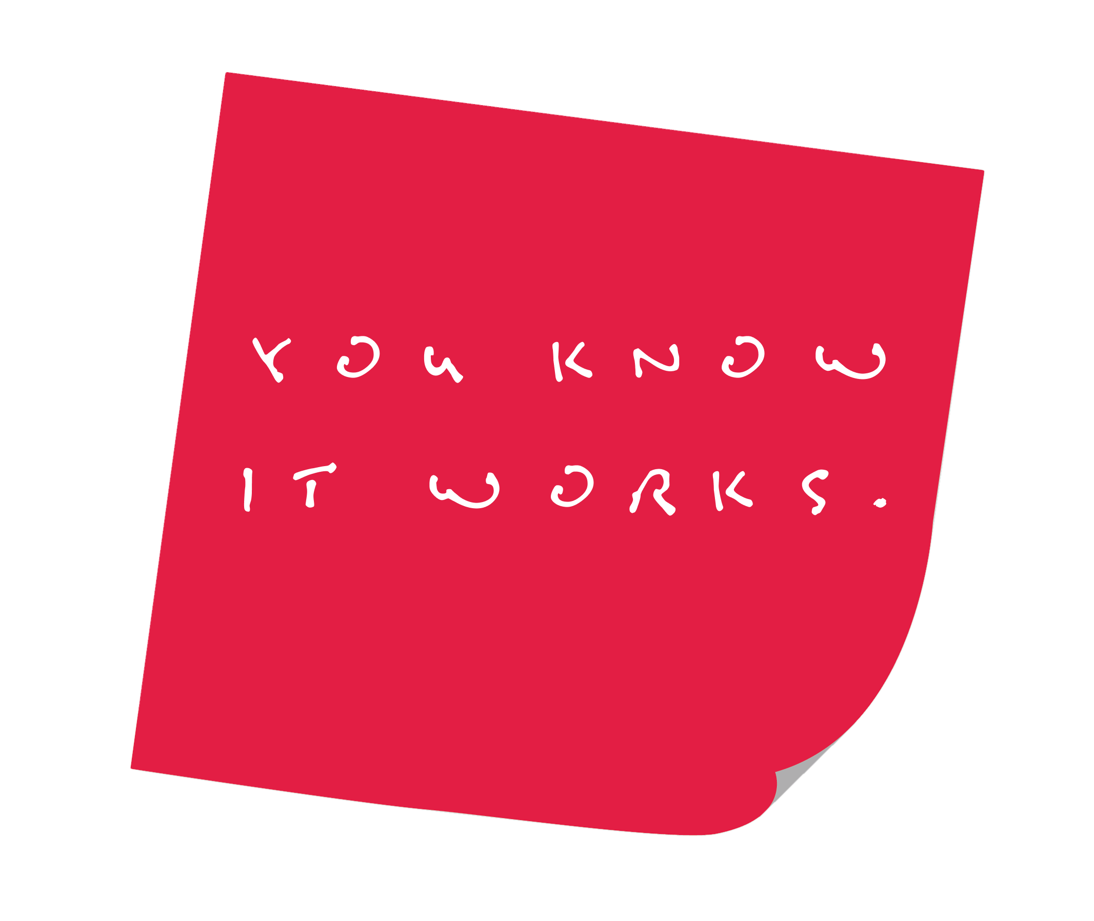 Une fiche rouge avec des lettres manuscrites blanches, posée en diagonale, posée sur une surface blanche.