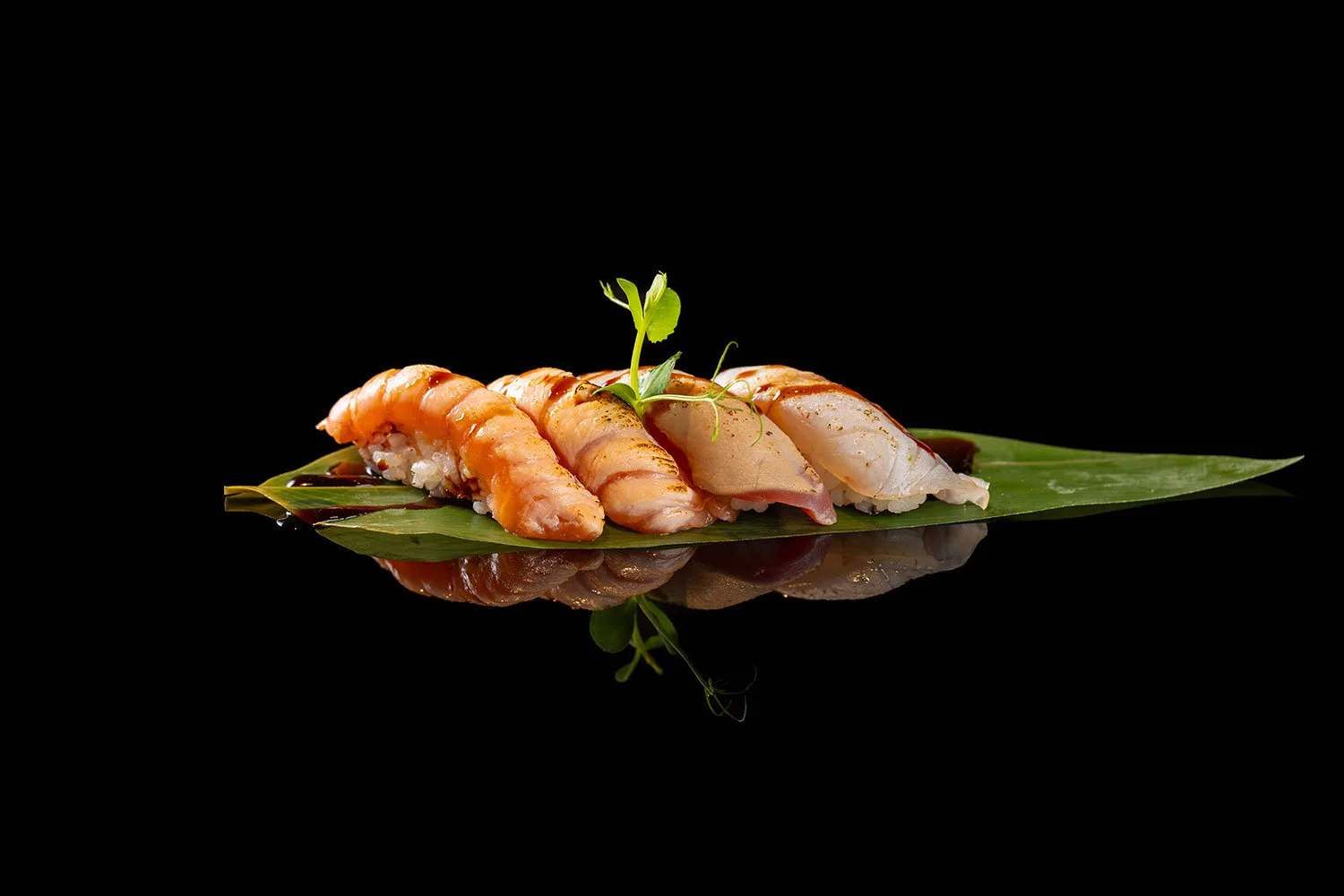 Sushi mit verschiedenen Fischsorten auf einem grünen Blatt, garnierte mit einer kleinen Pflanze, auf einem schwarzen Hintergrund reflektiert.