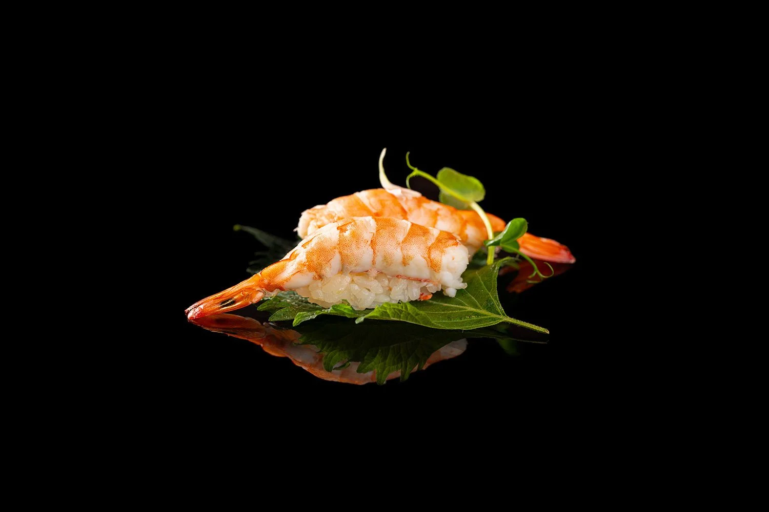 Shrimp-Sushi auf einem grünen Blatt mit Wasserpflanzen vor schwarzem Hintergrund.